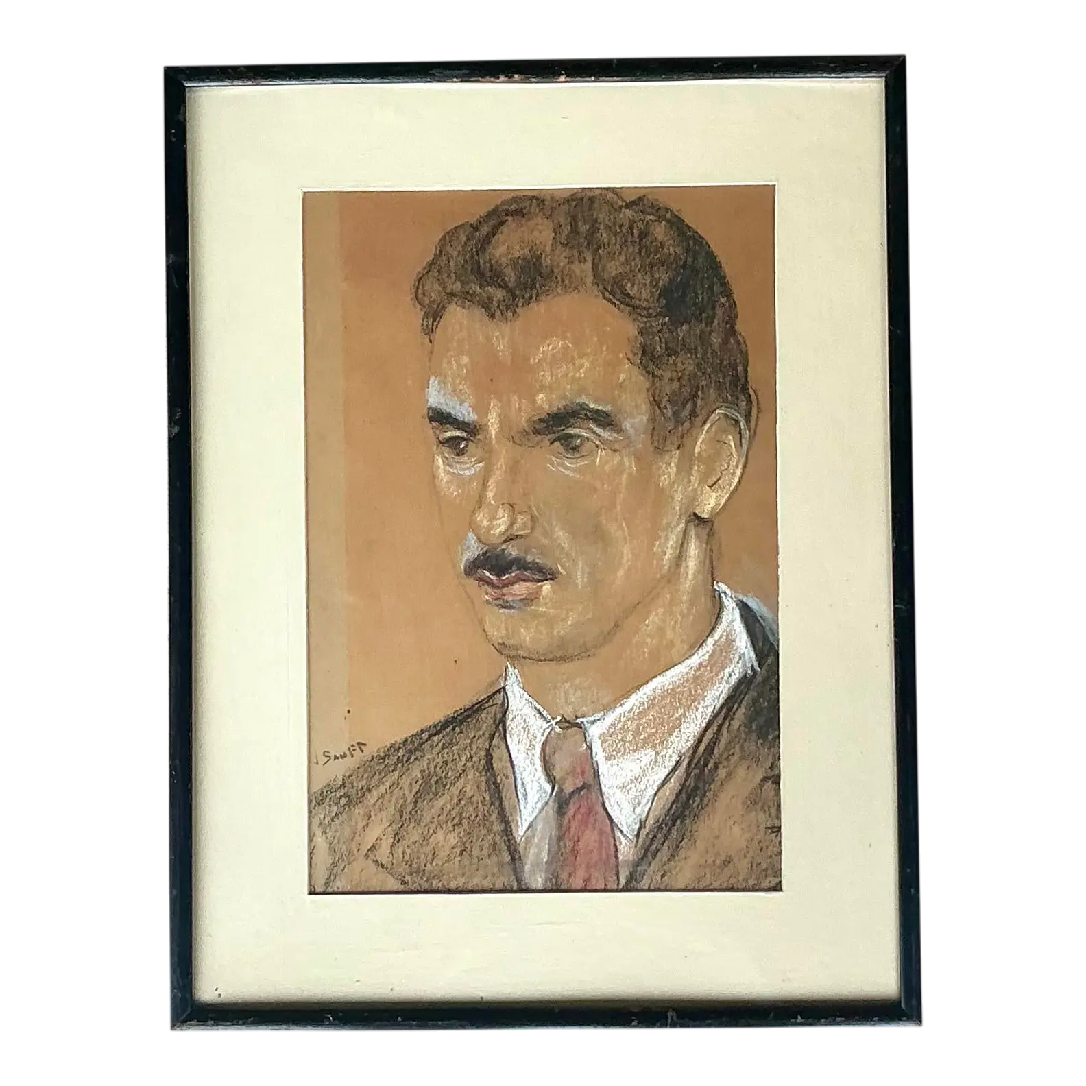 Vintage Boho Original Charcoal Portrait of Man - Detail view