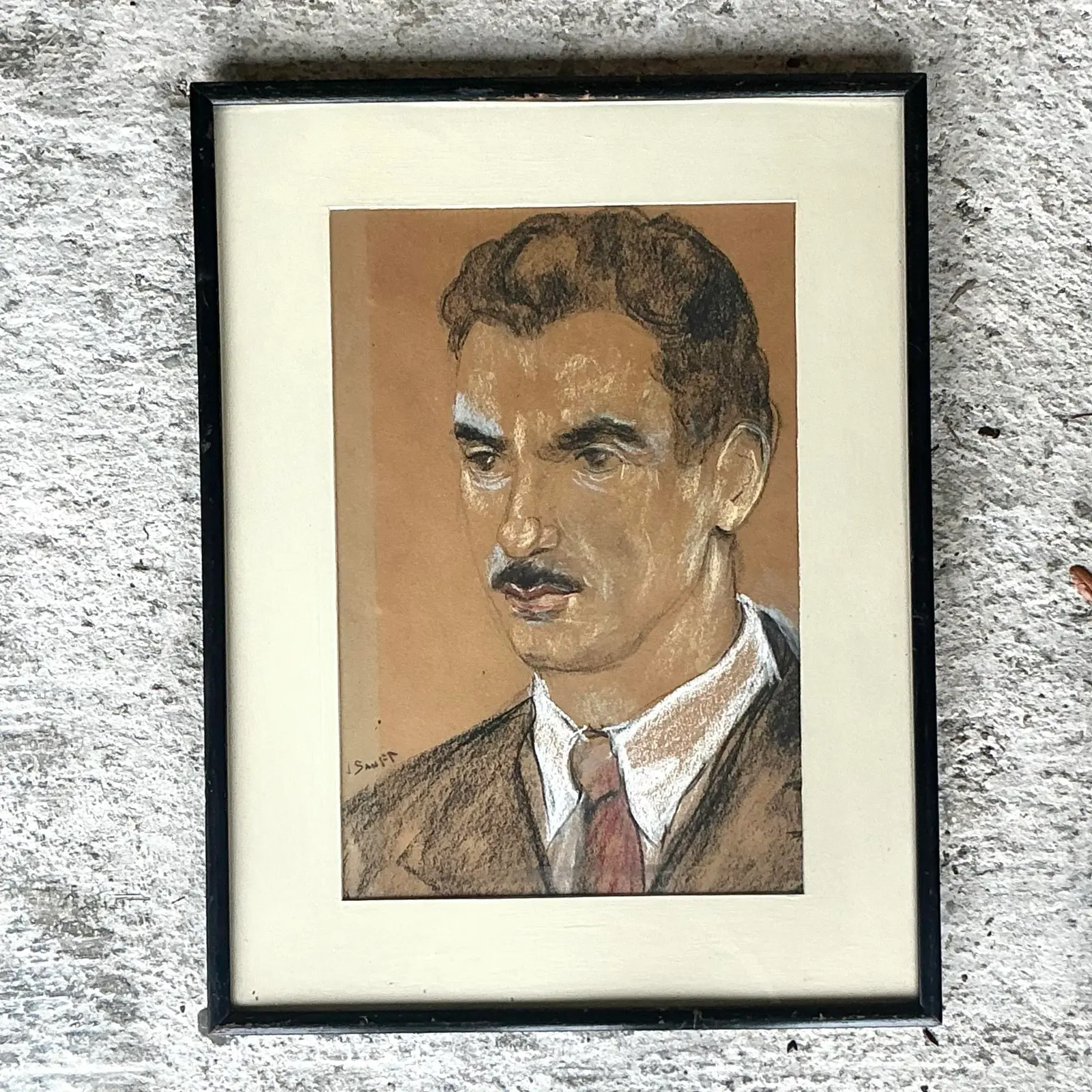 Vintage Boho Original Charcoal Portrait of Man - Side view