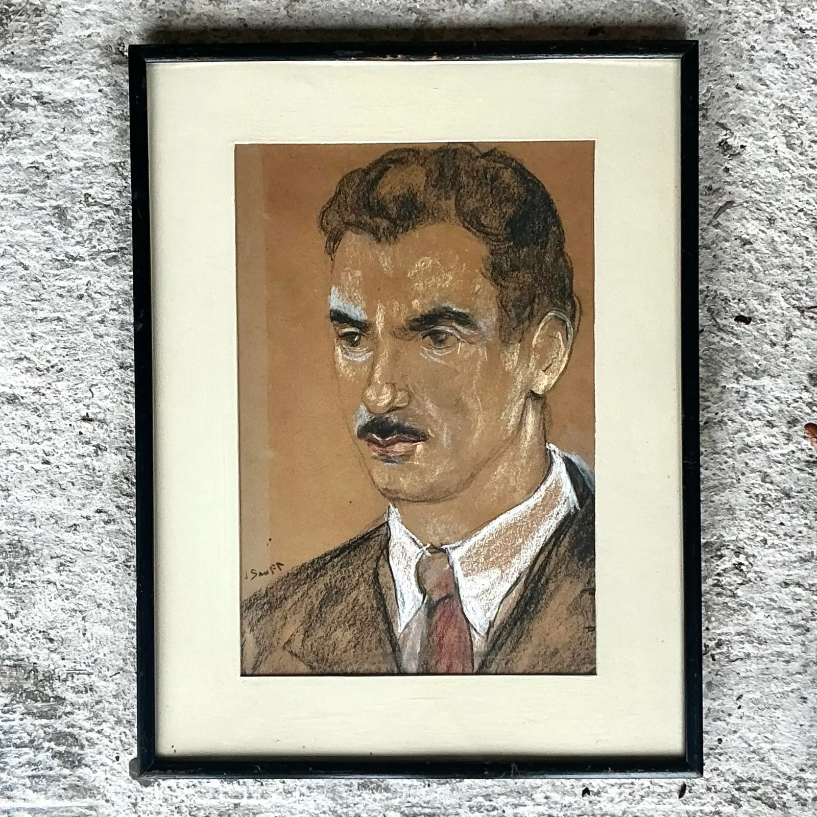 Vintage Boho Original Charcoal Portrait of Man - Top view