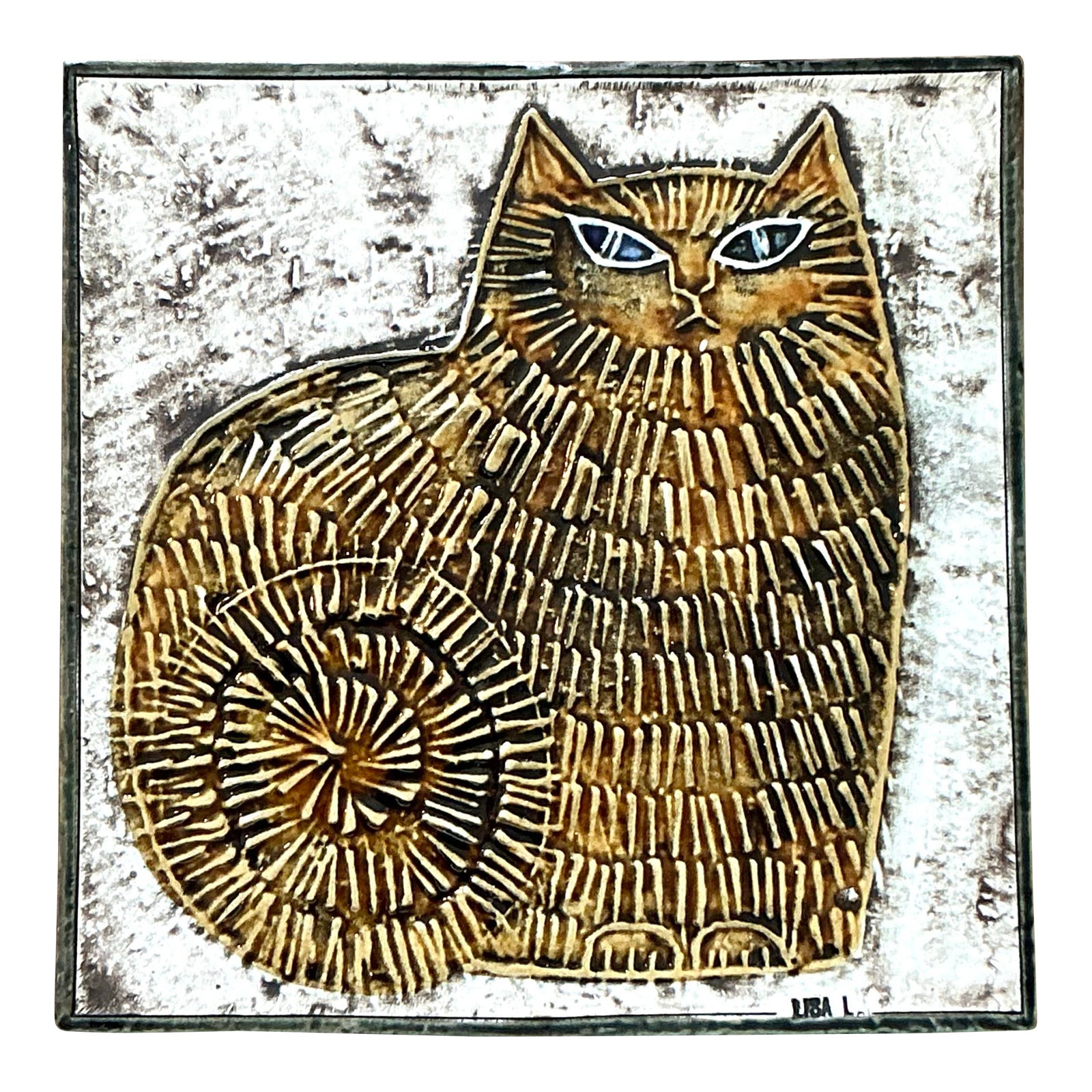 Vintage Boho Original Fat Cat Studio Pottery Tile - Detail view