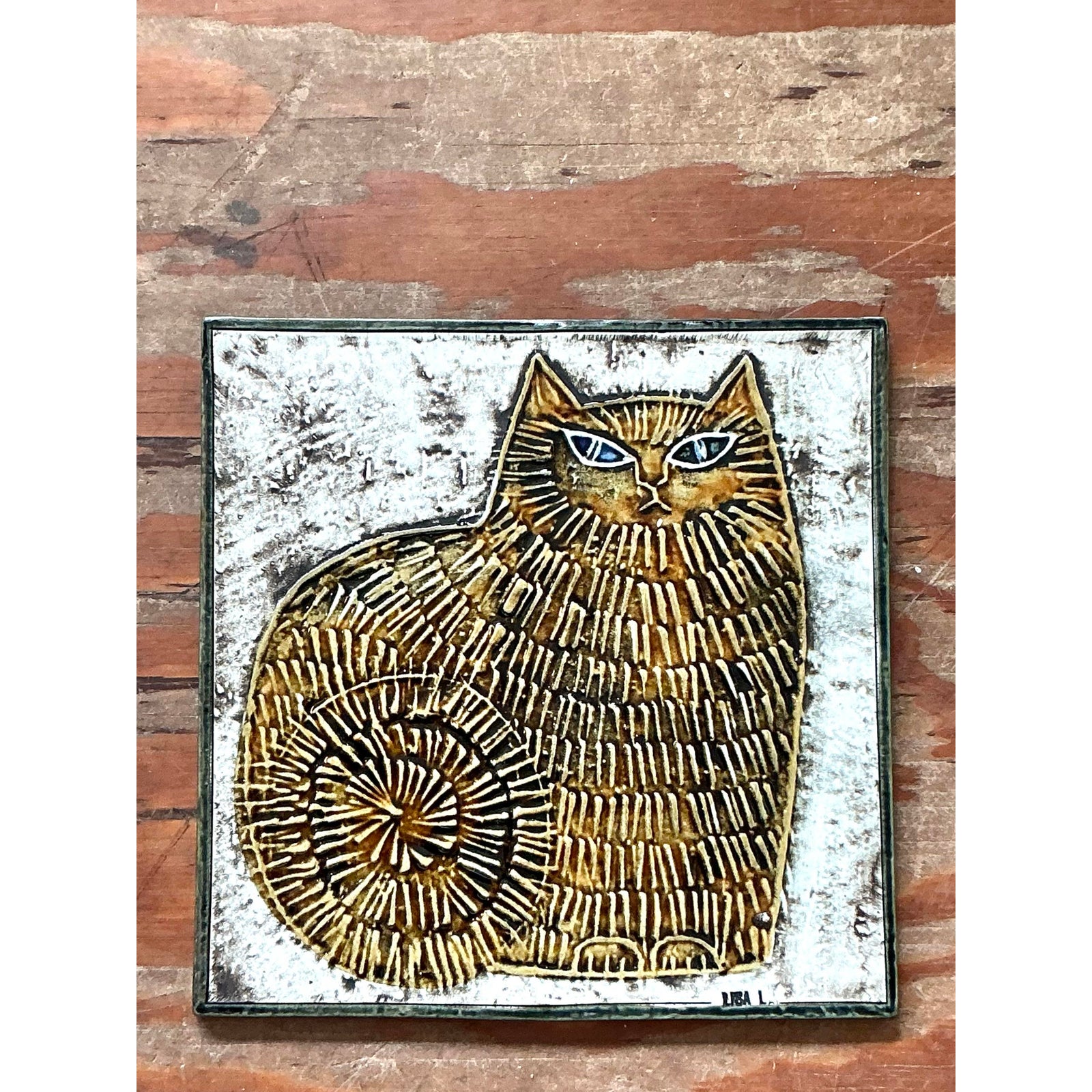 Vintage Boho Original Fat Cat Studio Pottery Tile - Top view