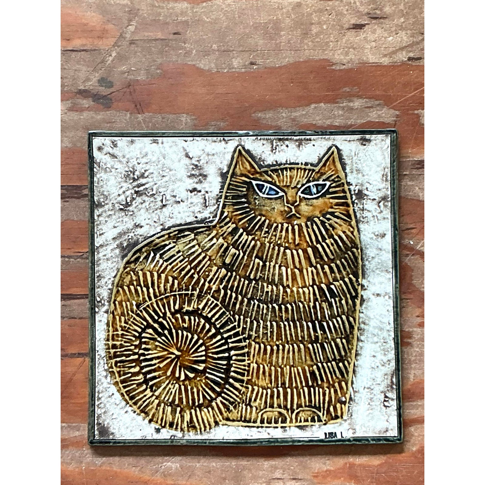 Vintage Boho Original Fat Cat Studio Pottery Tile - Back view