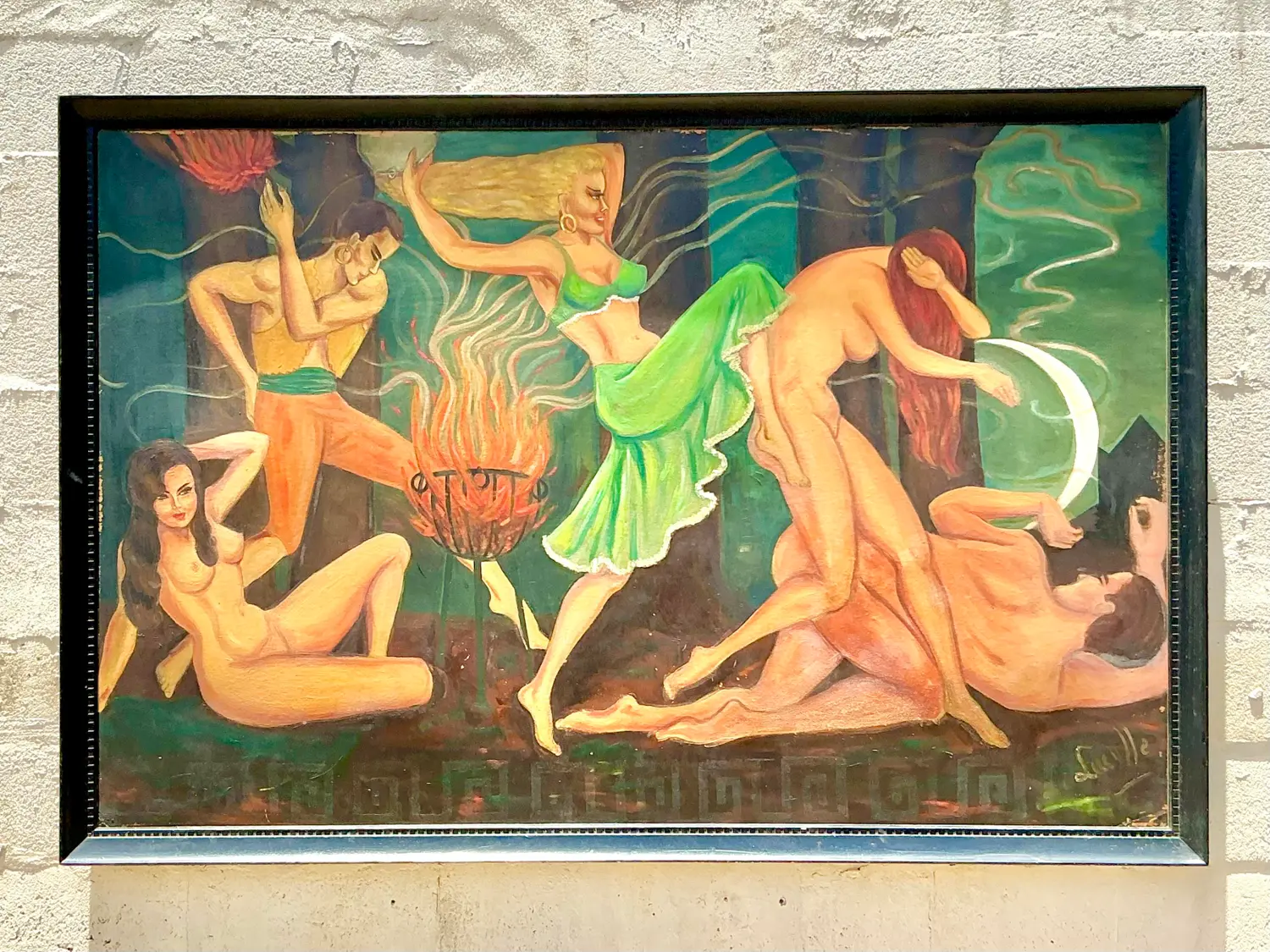 Vintage Boho Original Figurative Oil Painting on Board - Side view