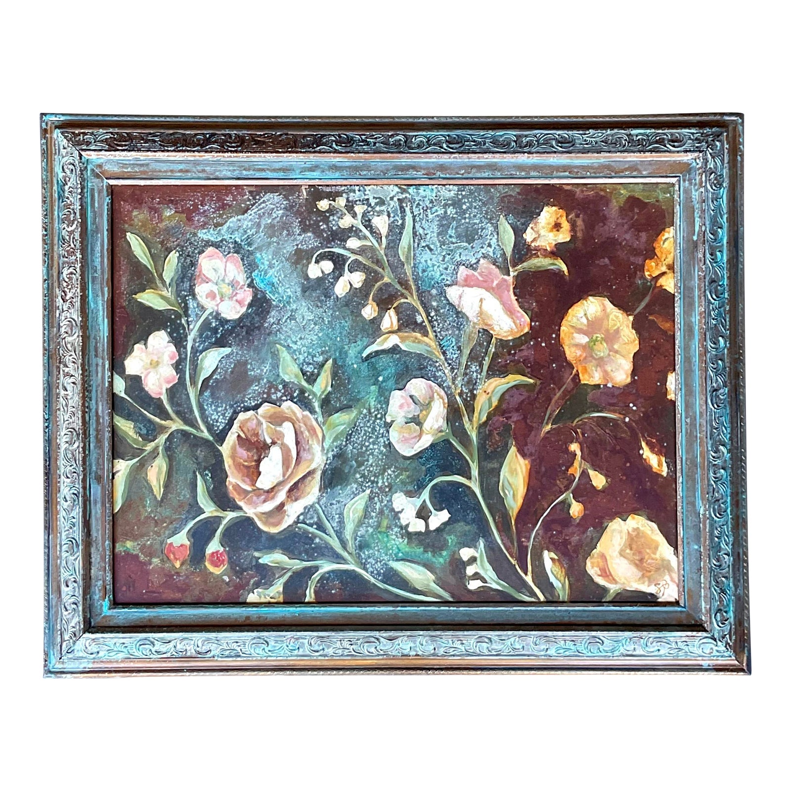 Vintage Boho Original Floral Oil Painting on Board