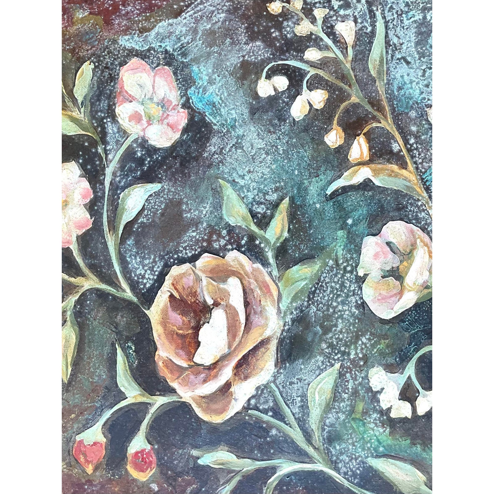 Vintage Boho Original Floral Oil Painting on Board - Side view