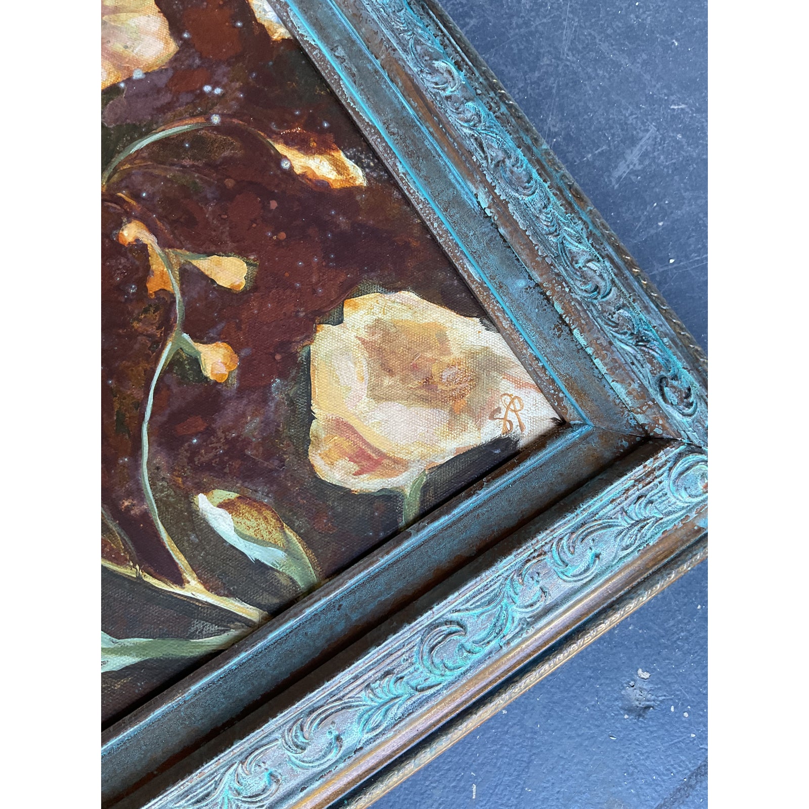 Vintage Boho Original Floral Oil Painting on Board - Top view