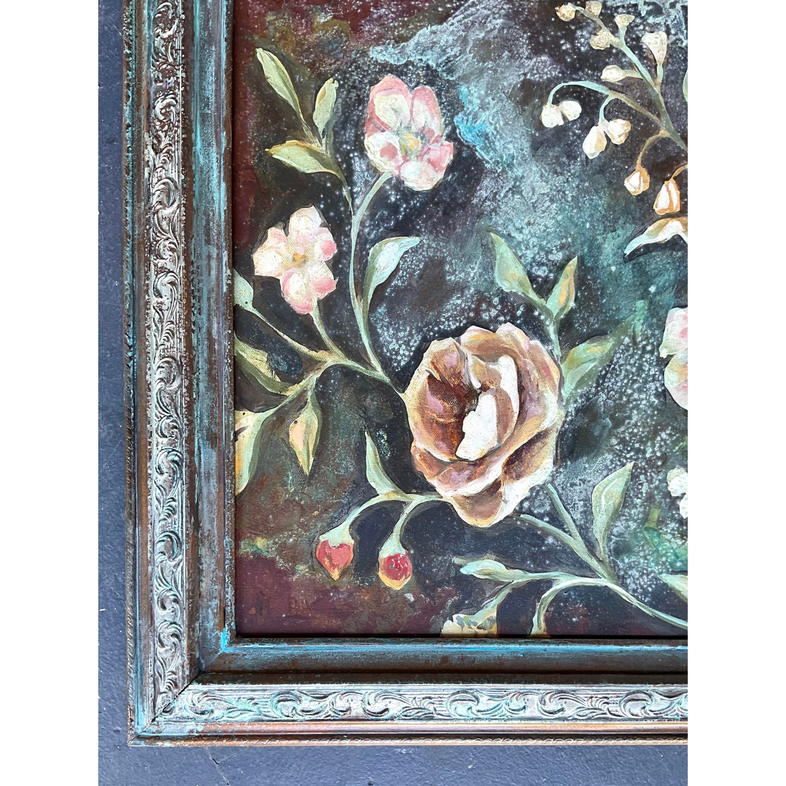 Vintage Boho Original Floral Oil Painting on Board - Detail view