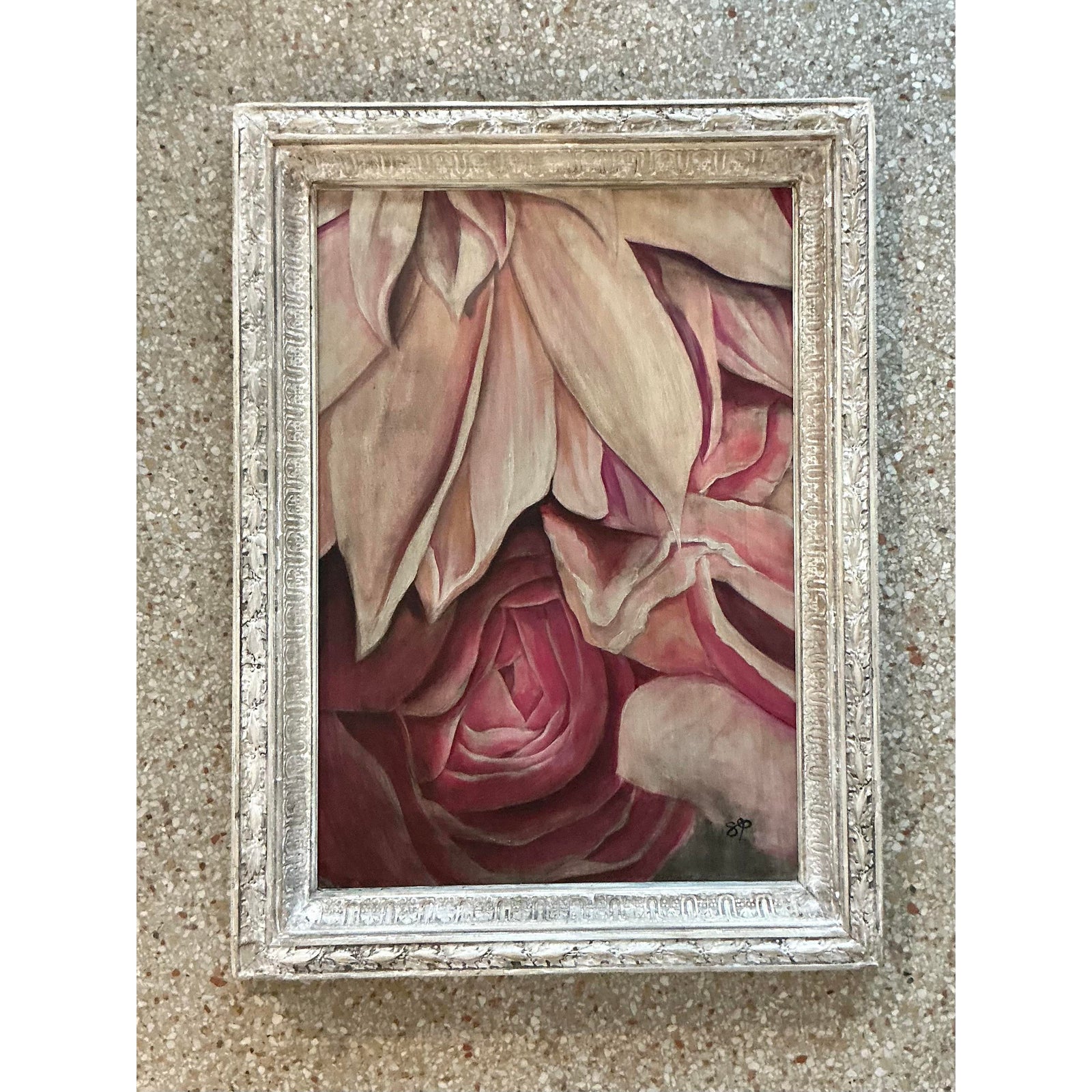Vintage Boho Original Floral Oil Painting on Canvas - Detail view