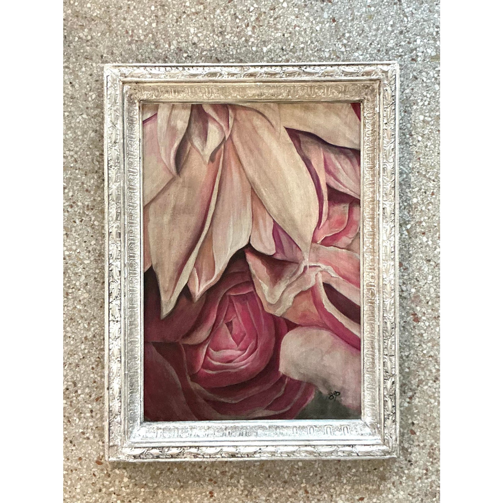 Vintage Boho Original Floral Oil Painting on Canvas - Top view