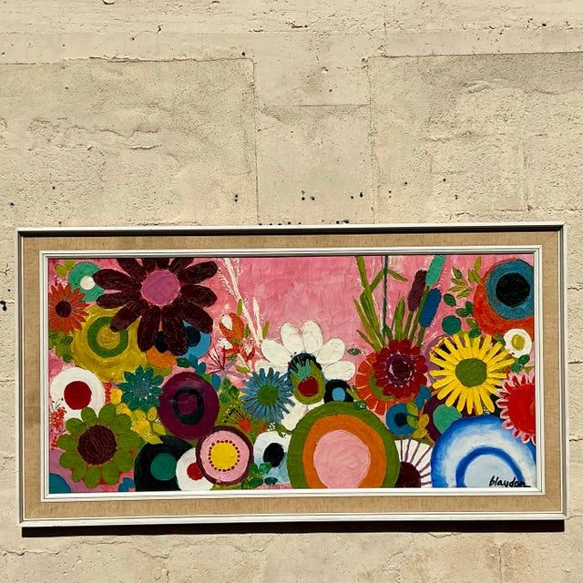 Vintage Boho Original Floral Oil Painting on Canvas - Detail view