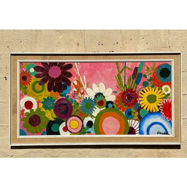 Vintage Boho Original Floral Oil Painting on Canvas - Top view