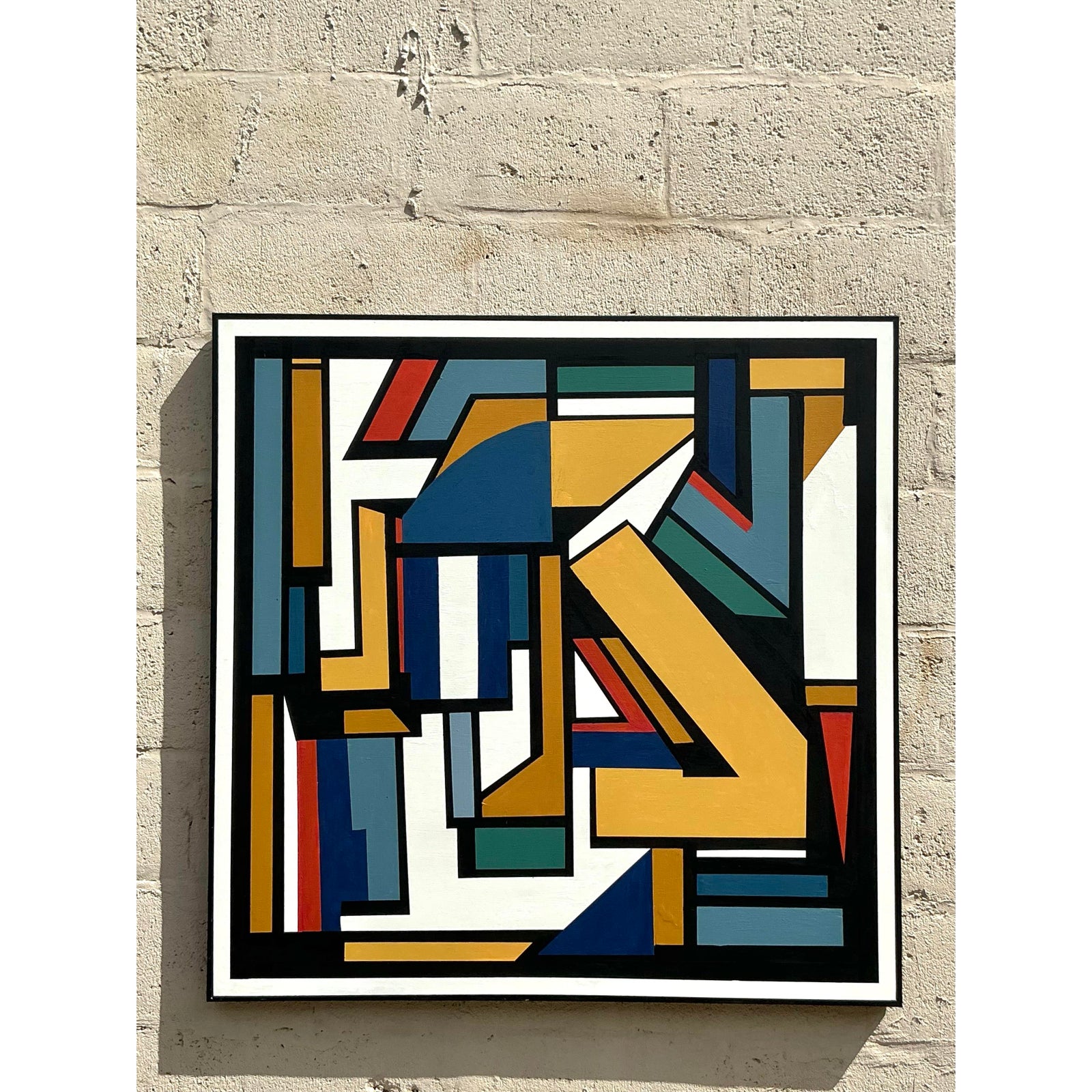 Vintage Boho Original Geometric Abstract Oil Painting on Canvas - Top view