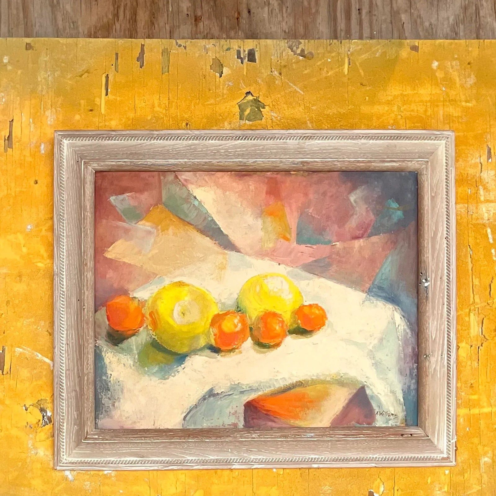 Vintage Boho Original Geometric Still Life Oil on Canvas - Top view