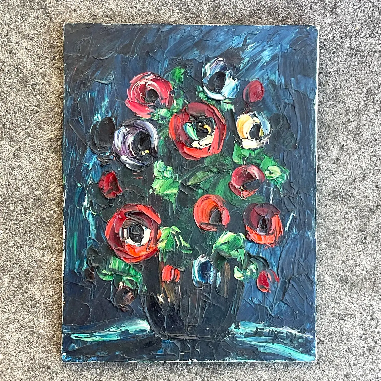 Vintage Boho Original Impasto Floral Oil Painting on Canvas - Detail view