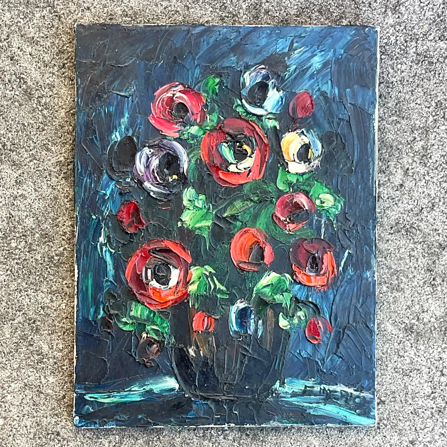Vintage Boho Original Impasto Floral Oil Painting on Canvas - Back view