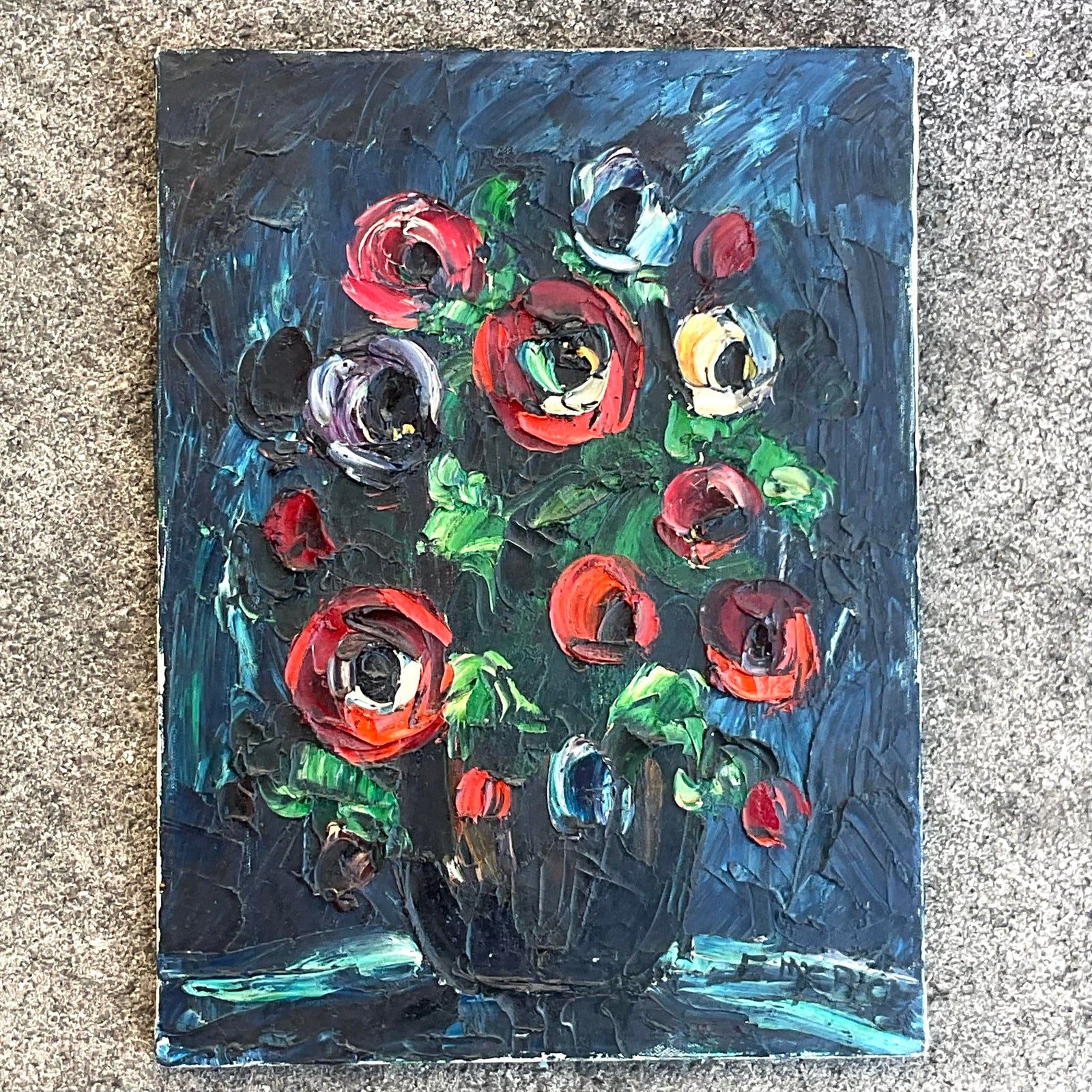 Vintage Boho Original Impasto Floral Oil Painting on Canvas - Detail view