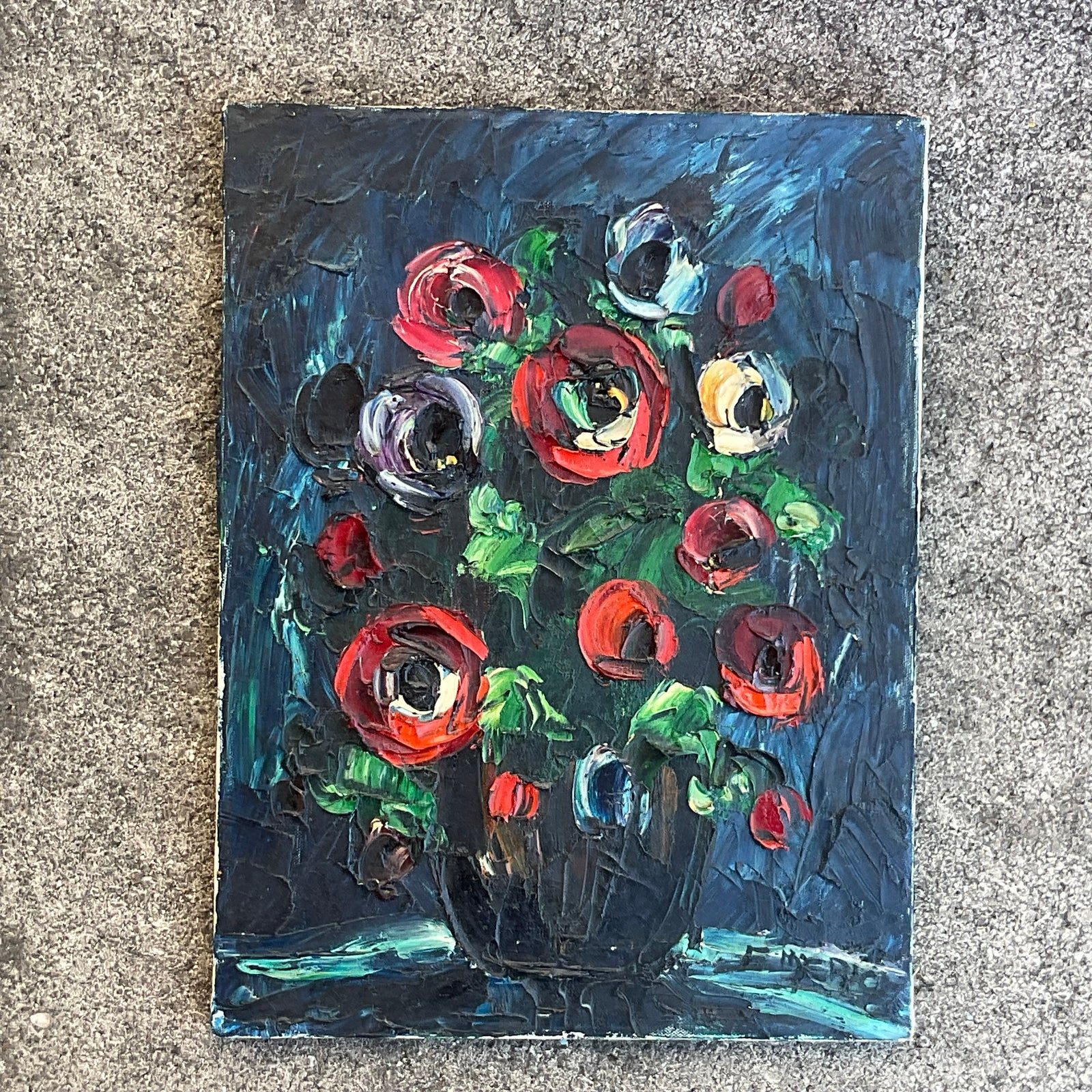 Vintage Boho Original Impasto Floral Oil Painting on Canvas - Side view