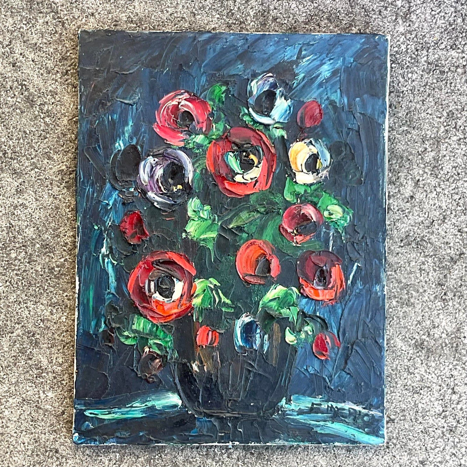 Vintage Boho Original Impasto Floral Oil Painting on Canvas - Back view