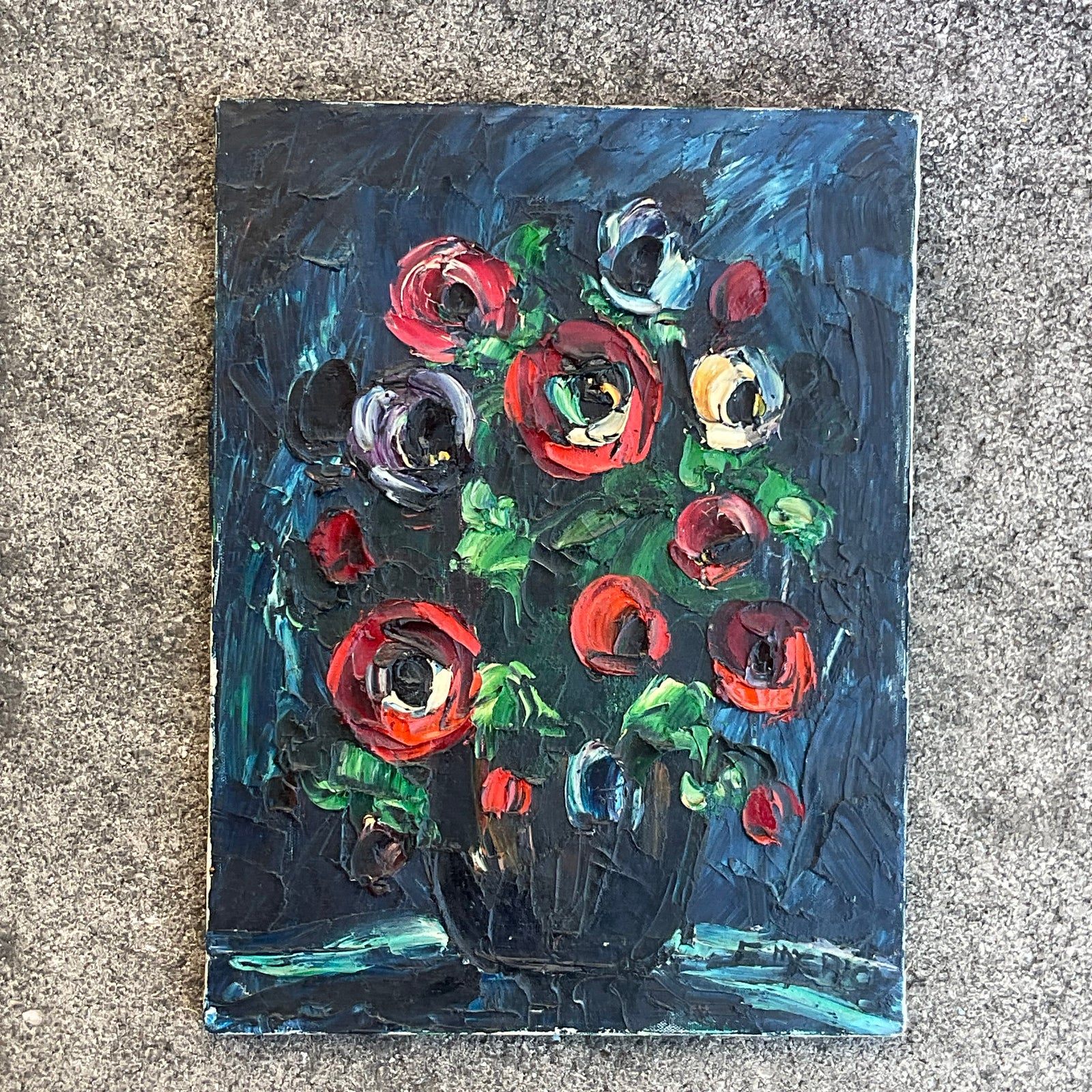 Vintage Boho Original Impasto Floral Oil Painting on Canvas - Top view