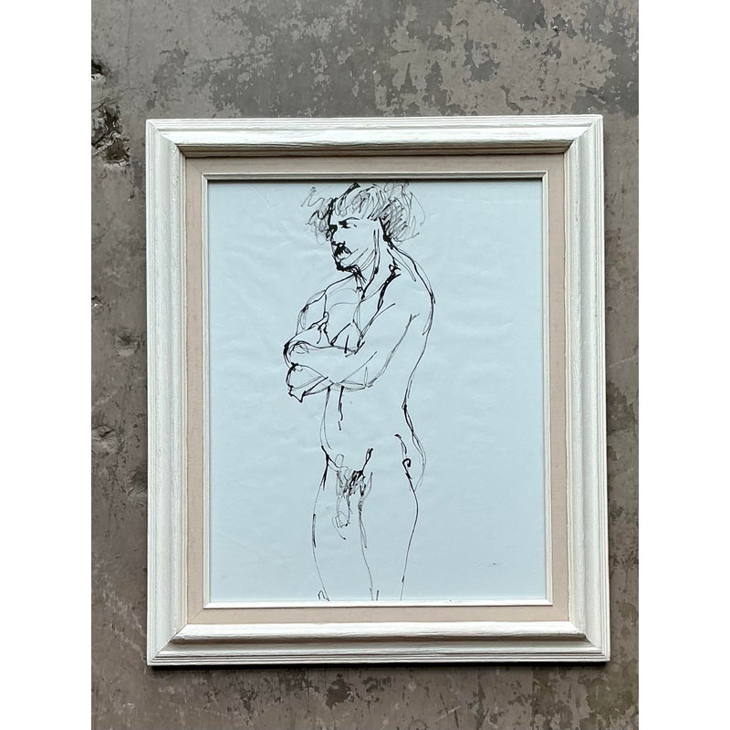Vintage Boho Original Ink Sketch on Paper - Side view