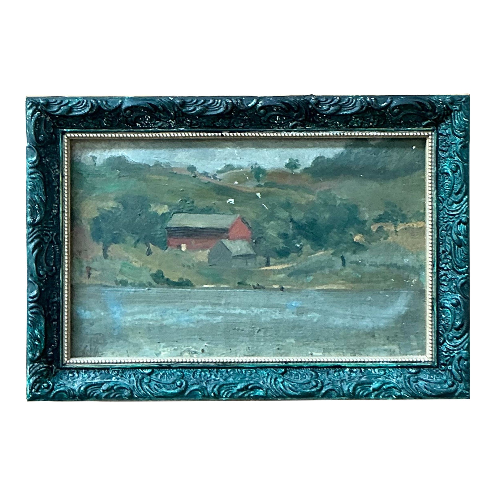 Vintage Boho Original Landscape Oil on Canvas - Detail view