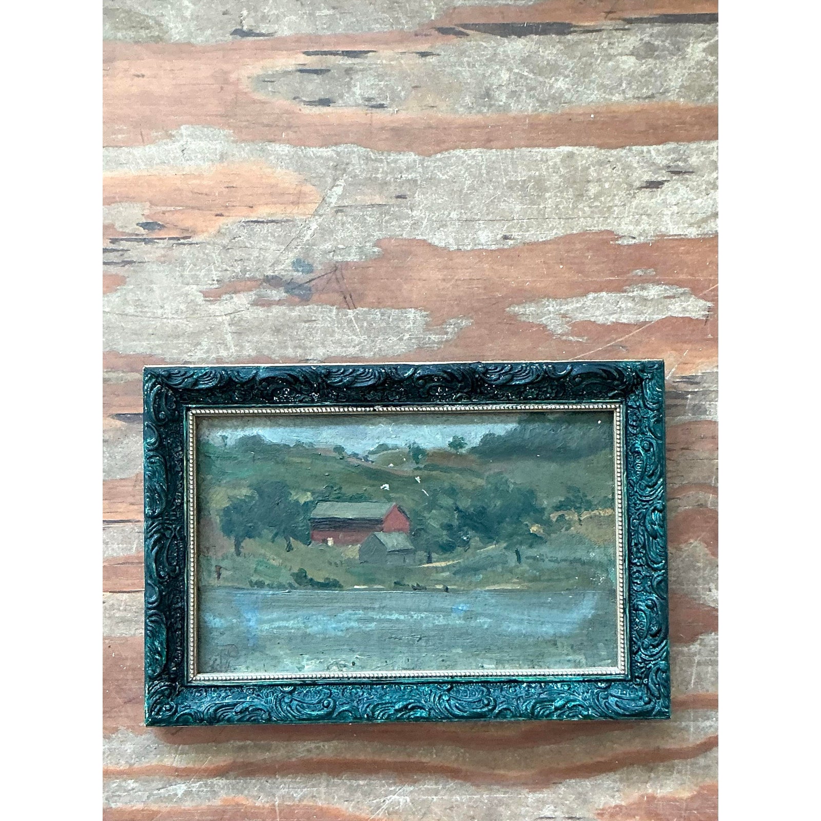 Vintage Boho Original Landscape Oil on Canvas - Top view