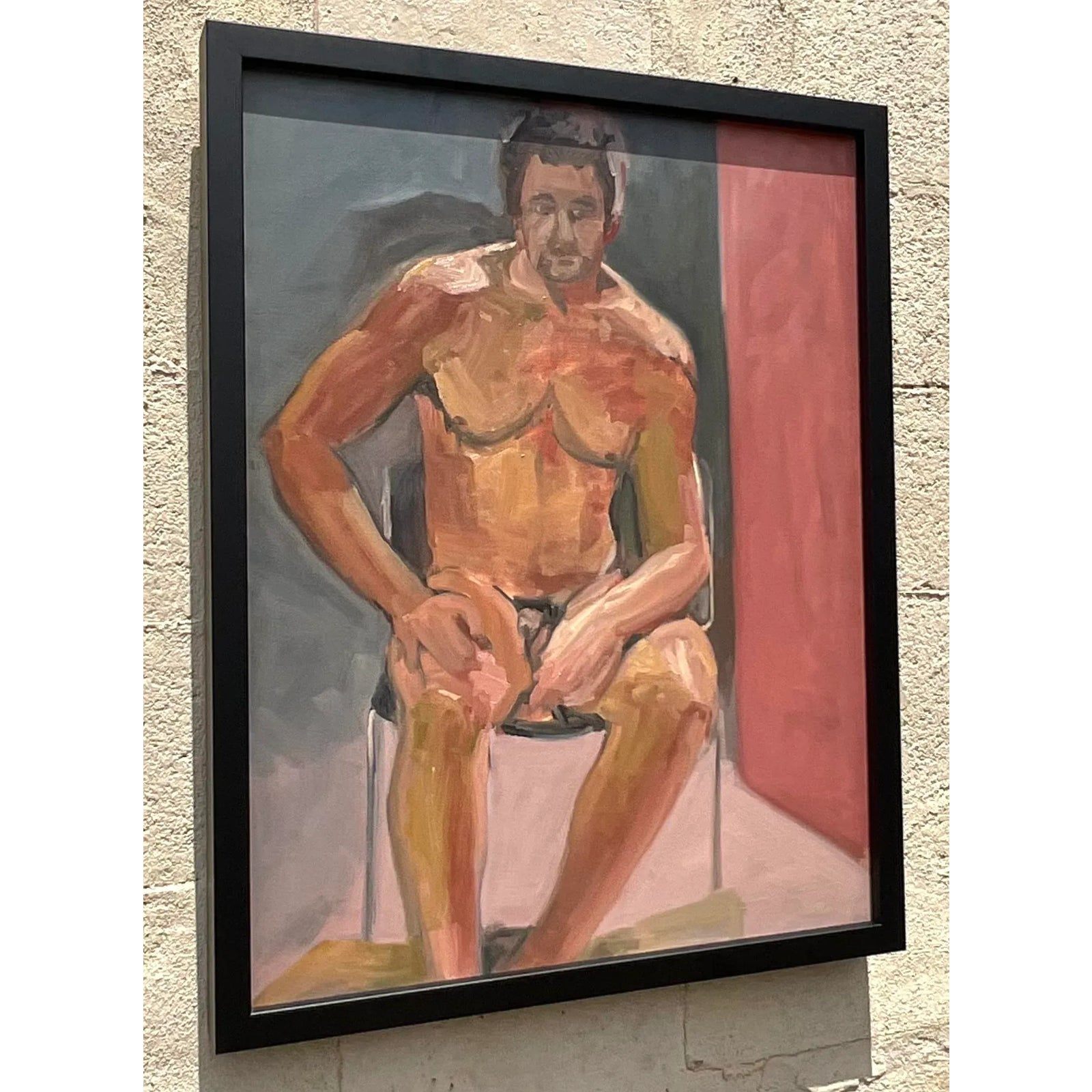 Vintage Boho Original Male Nude Painting on Canvas - Side view