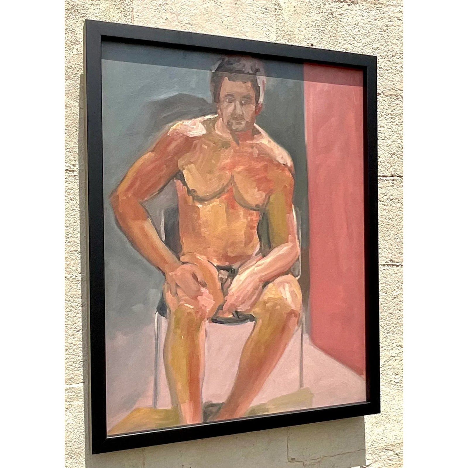 Vintage Boho Original Male Nude Painting on Canvas - Back view