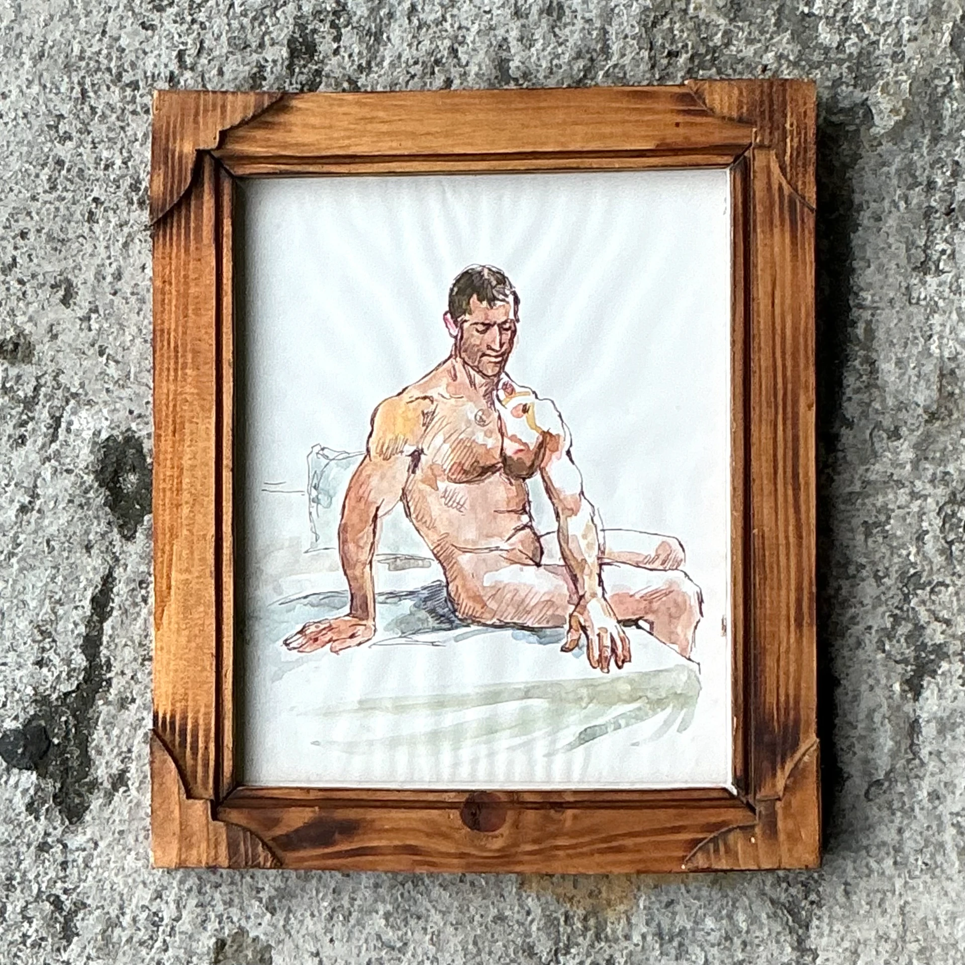 Vintage Boho Original Nude Sketch of Man - Side view