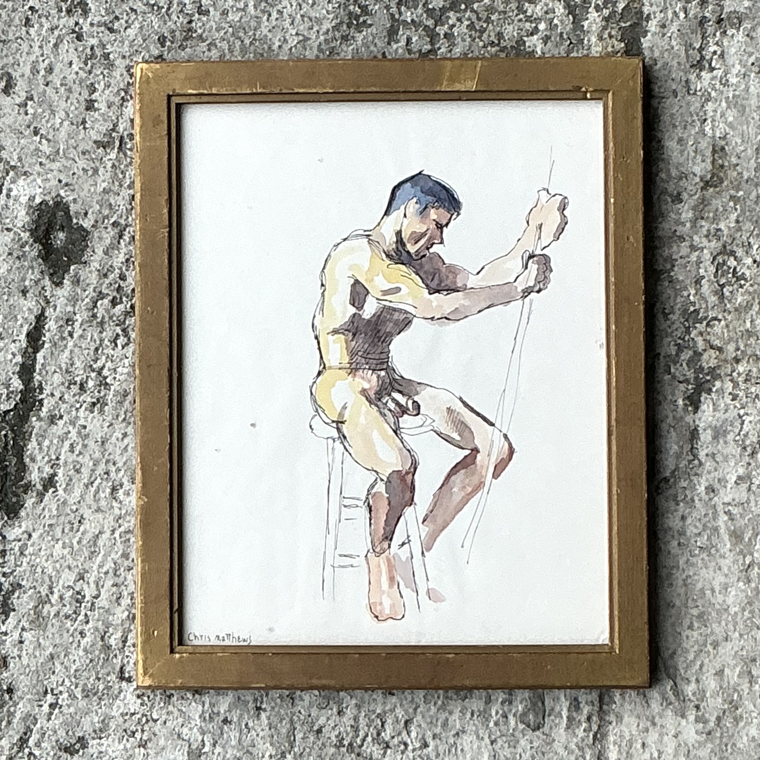 Vintage Boho Original Nude Sketch of Man - Side view