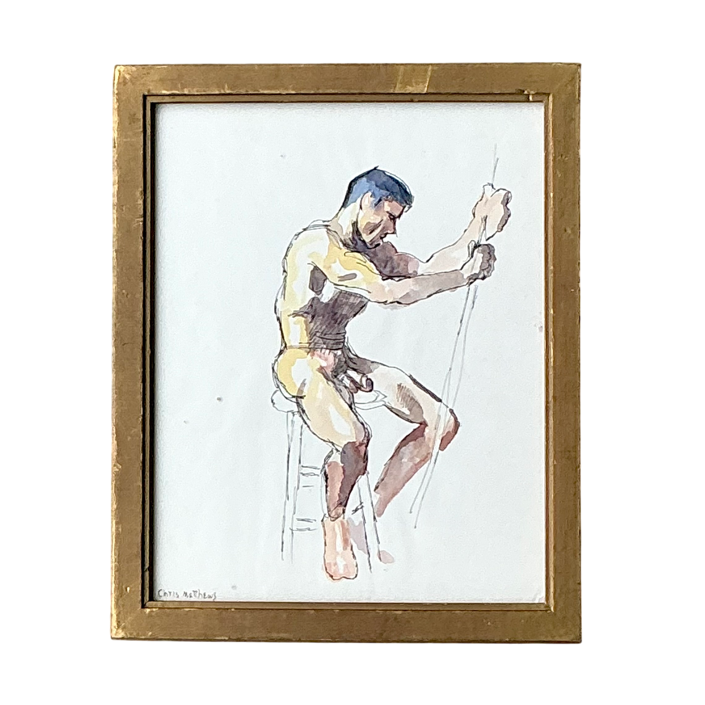 Vintage Boho Original Nude Sketch of Man - Detail view