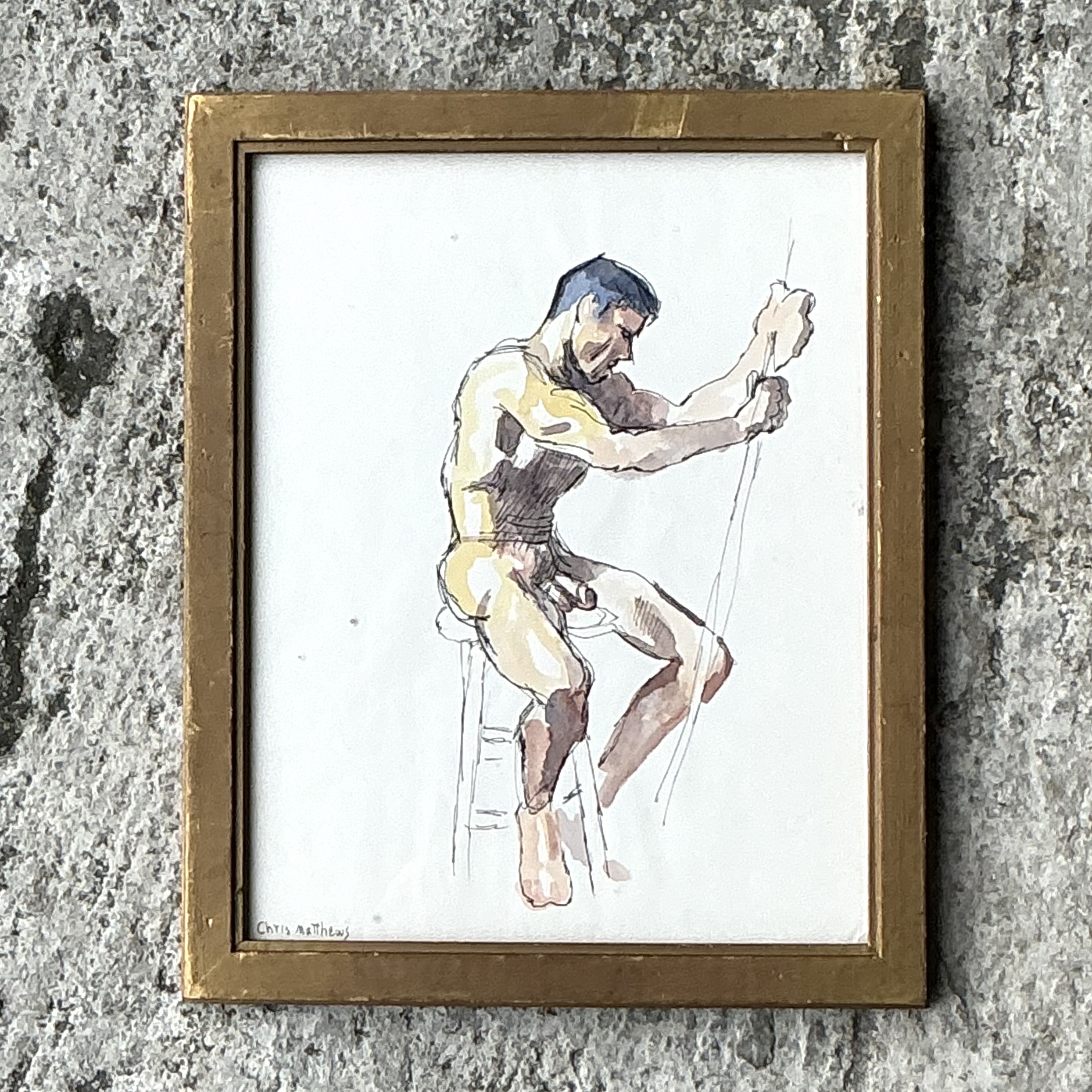 Vintage Boho Original Nude Sketch of Man - Top view