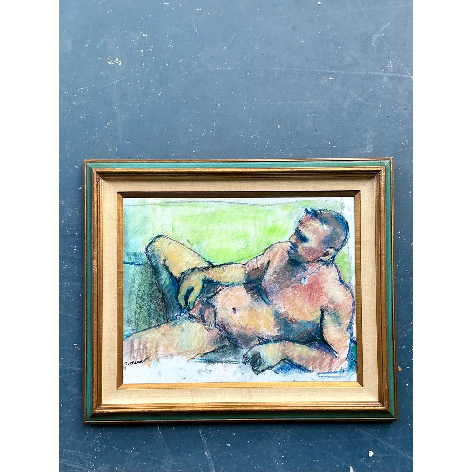 Vintage Boho Original Oil Crayon Male Nude on Paper - Detail view