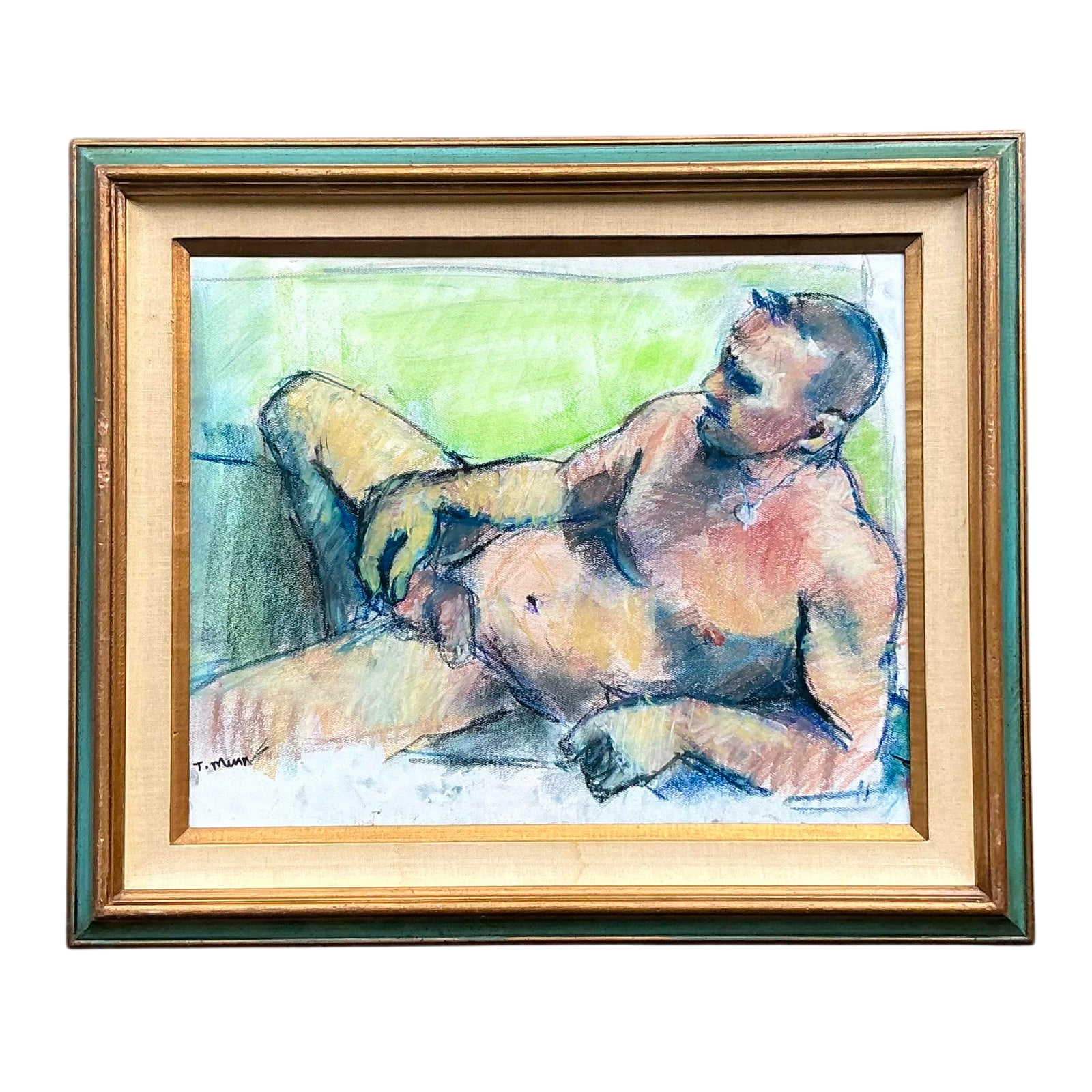 Vintage Boho Original Oil Crayon Male Nude on Paper