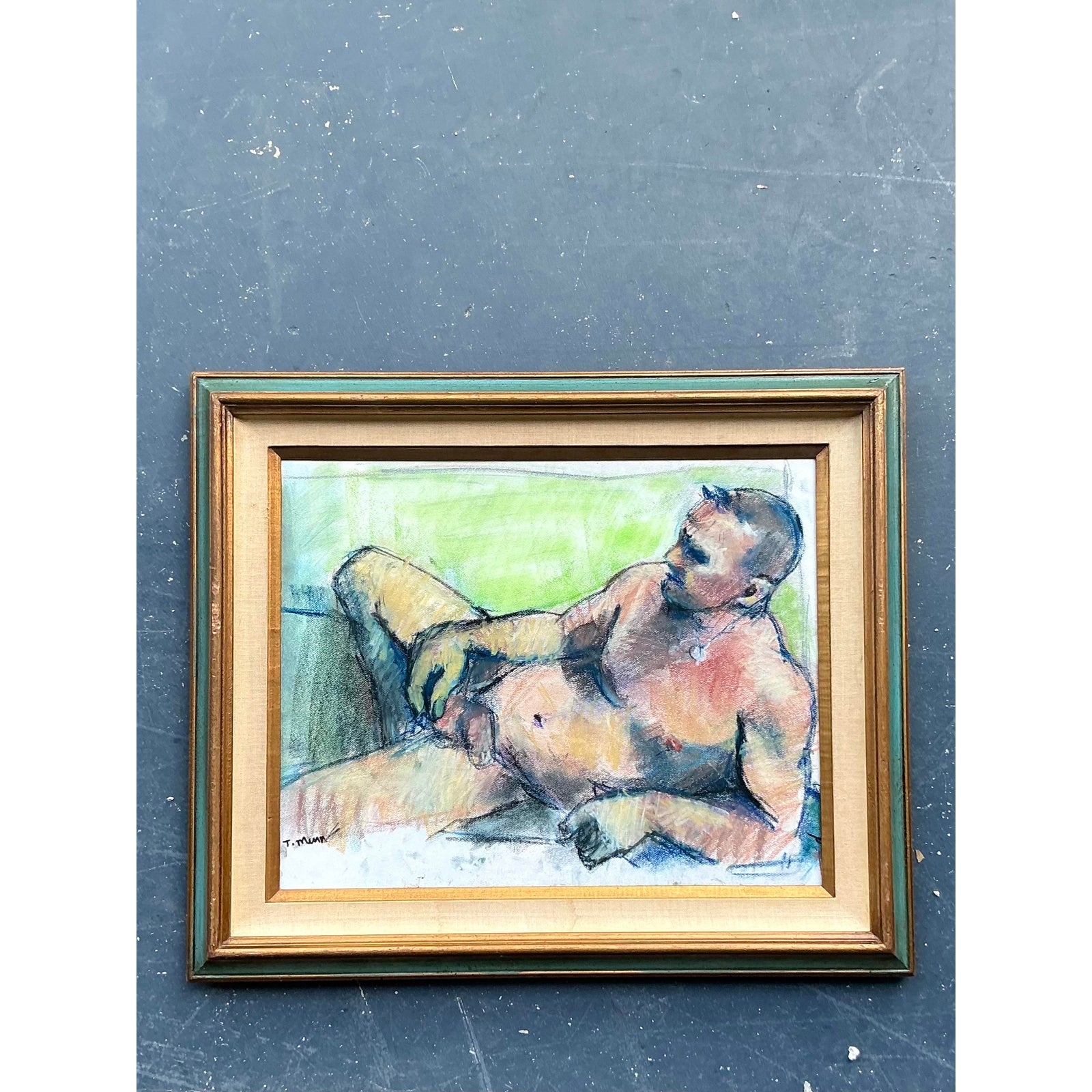 Vintage Boho Original Oil Crayon Male Nude on Paper - Back view