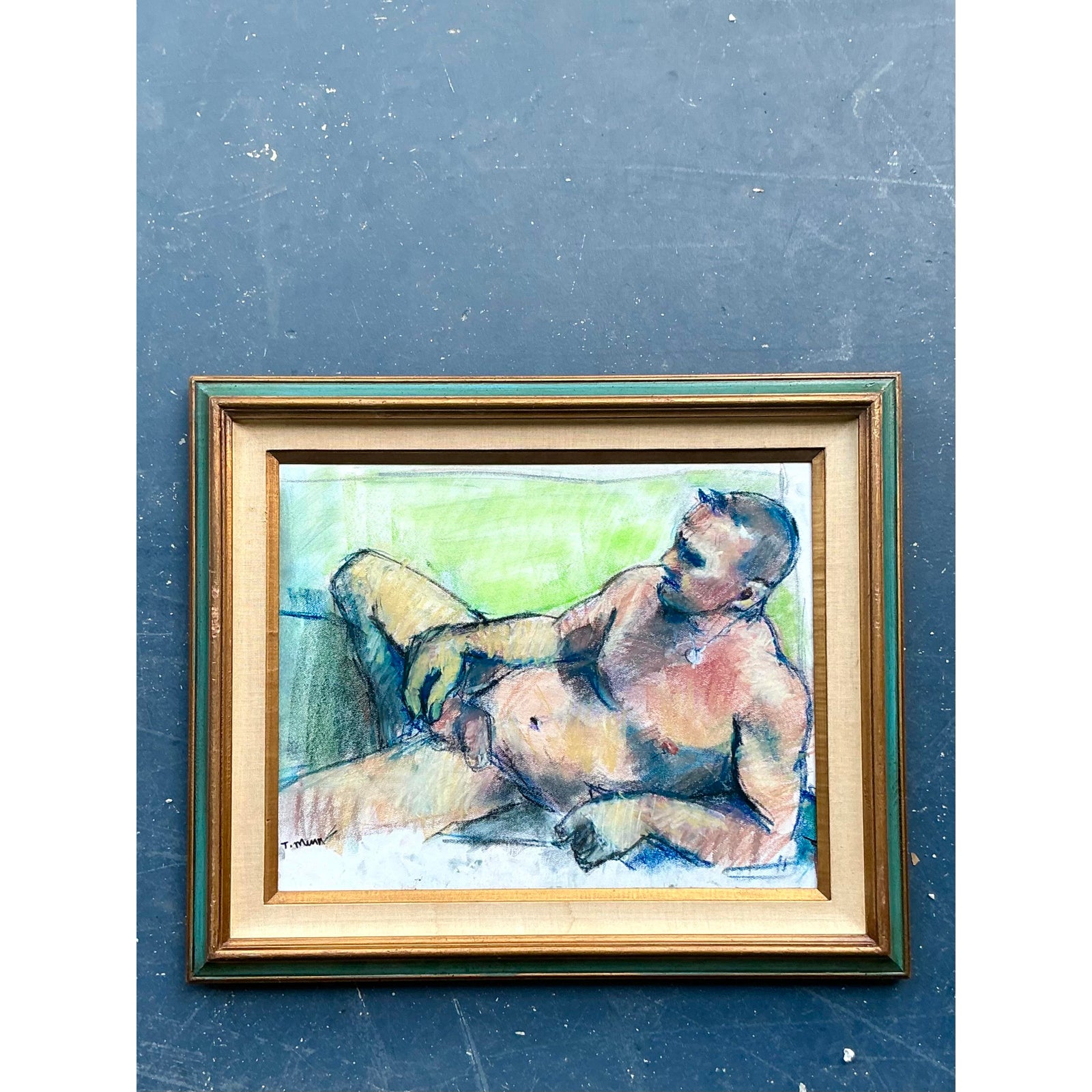 Vintage Boho Original Oil Crayon Male Nude on Paper - Side view