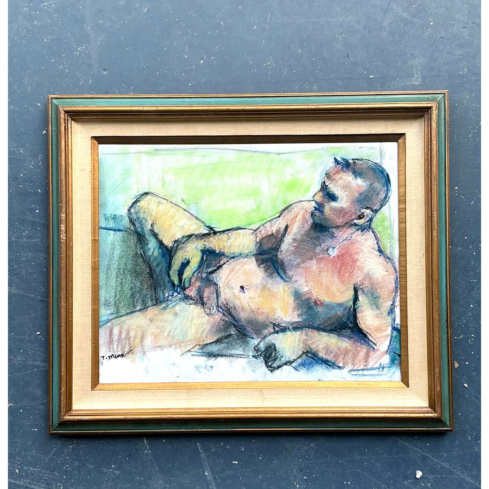 Vintage Boho Original Oil Crayon Male Nude on Paper - Top view