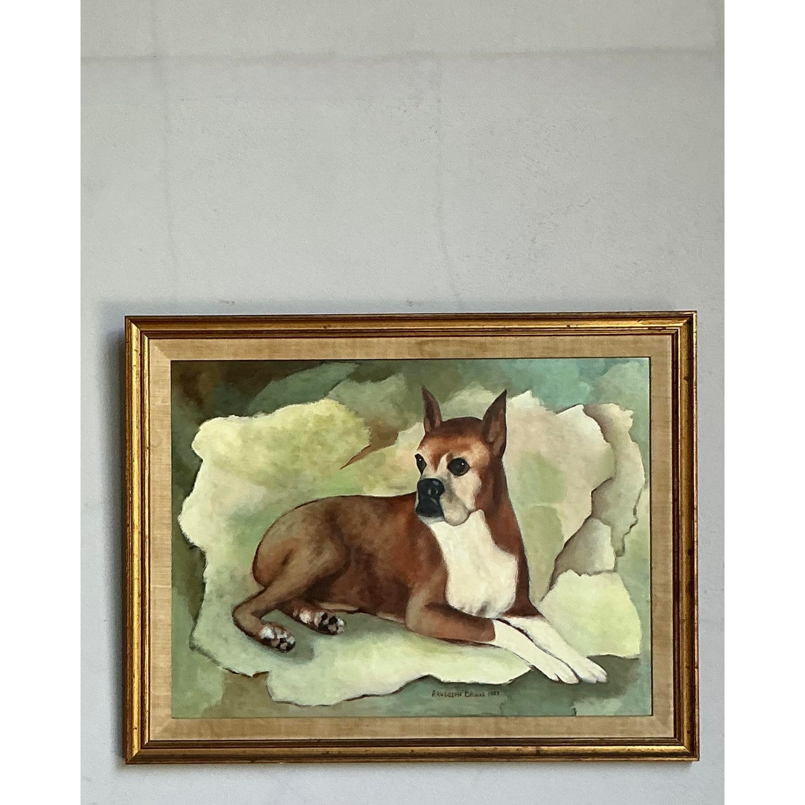 Vintage Boho Original Oil Painting of a Boxer - Detail view