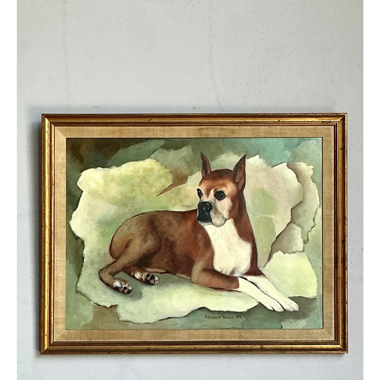 Vintage Boho Original Oil Painting of a Boxer - Top view