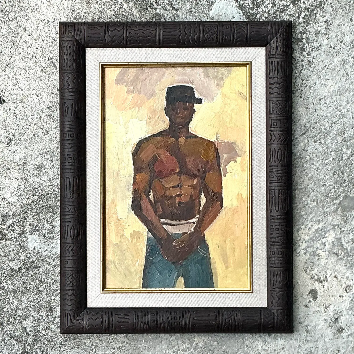 Vintage Boho Original Oil Painting of Man, Framed - Side view