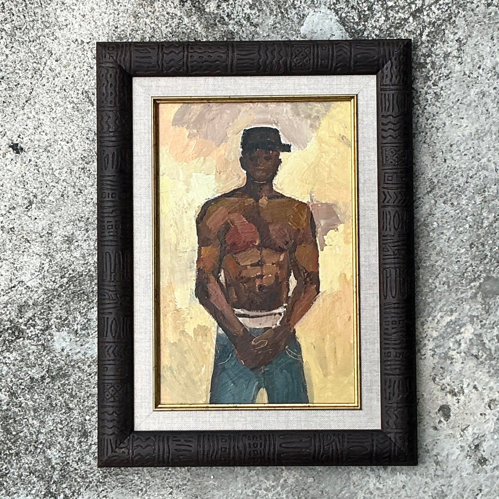 Vintage Boho Original Oil Painting of Man, Framed - Detail view