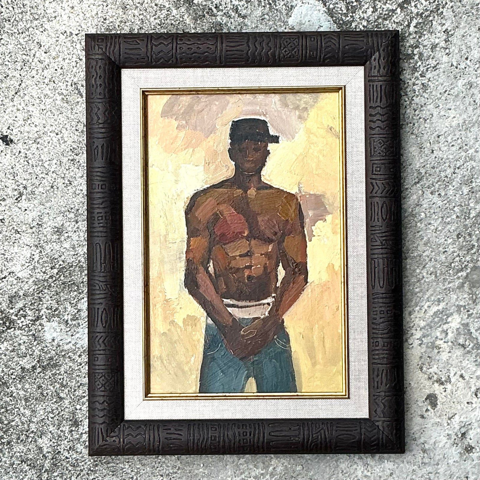 Vintage Boho Original Oil Painting of Man, Framed - Side view