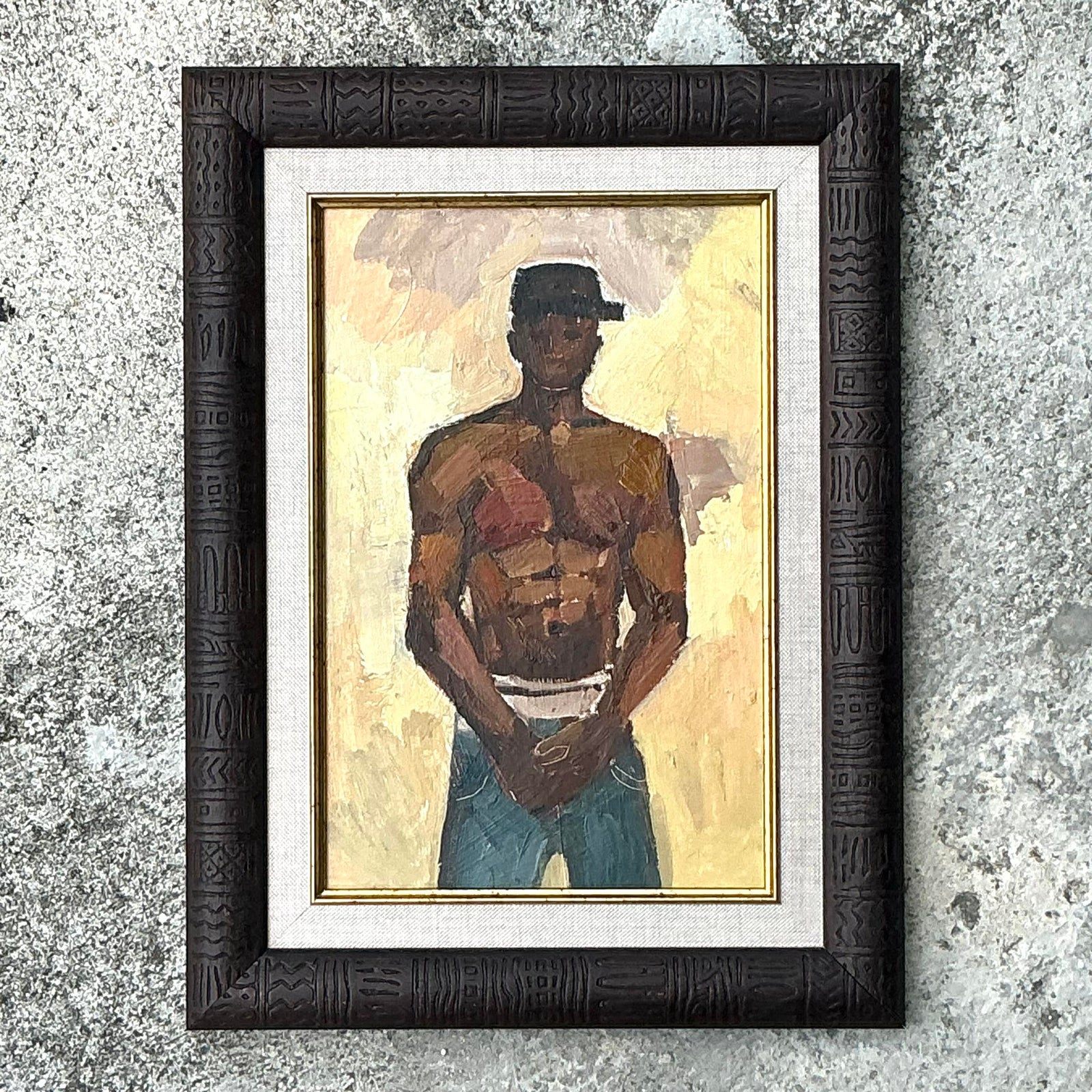 Vintage Boho Original Oil Painting of Man, Framed - Top view