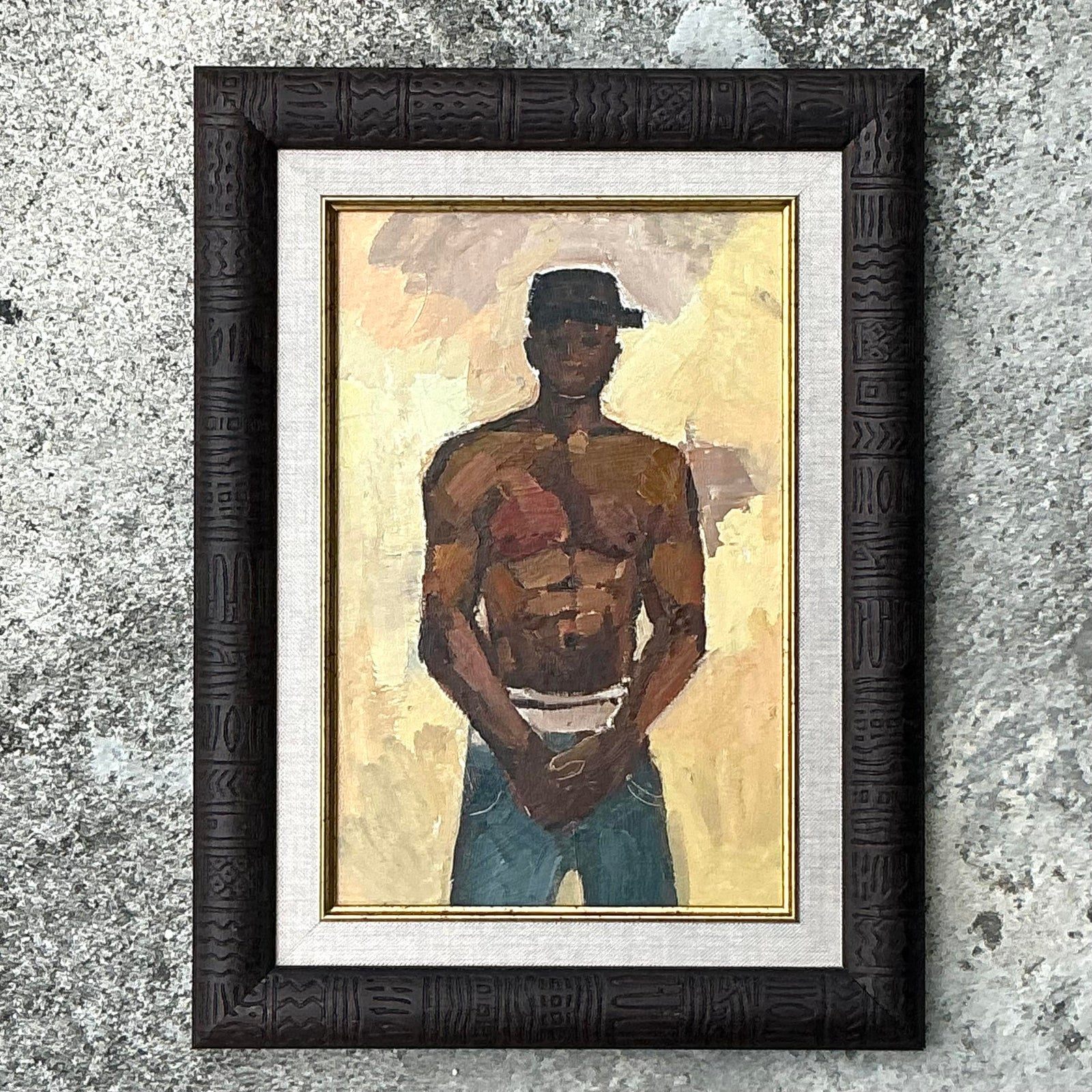 Vintage Boho Original Oil Painting of Man, Framed - Back view