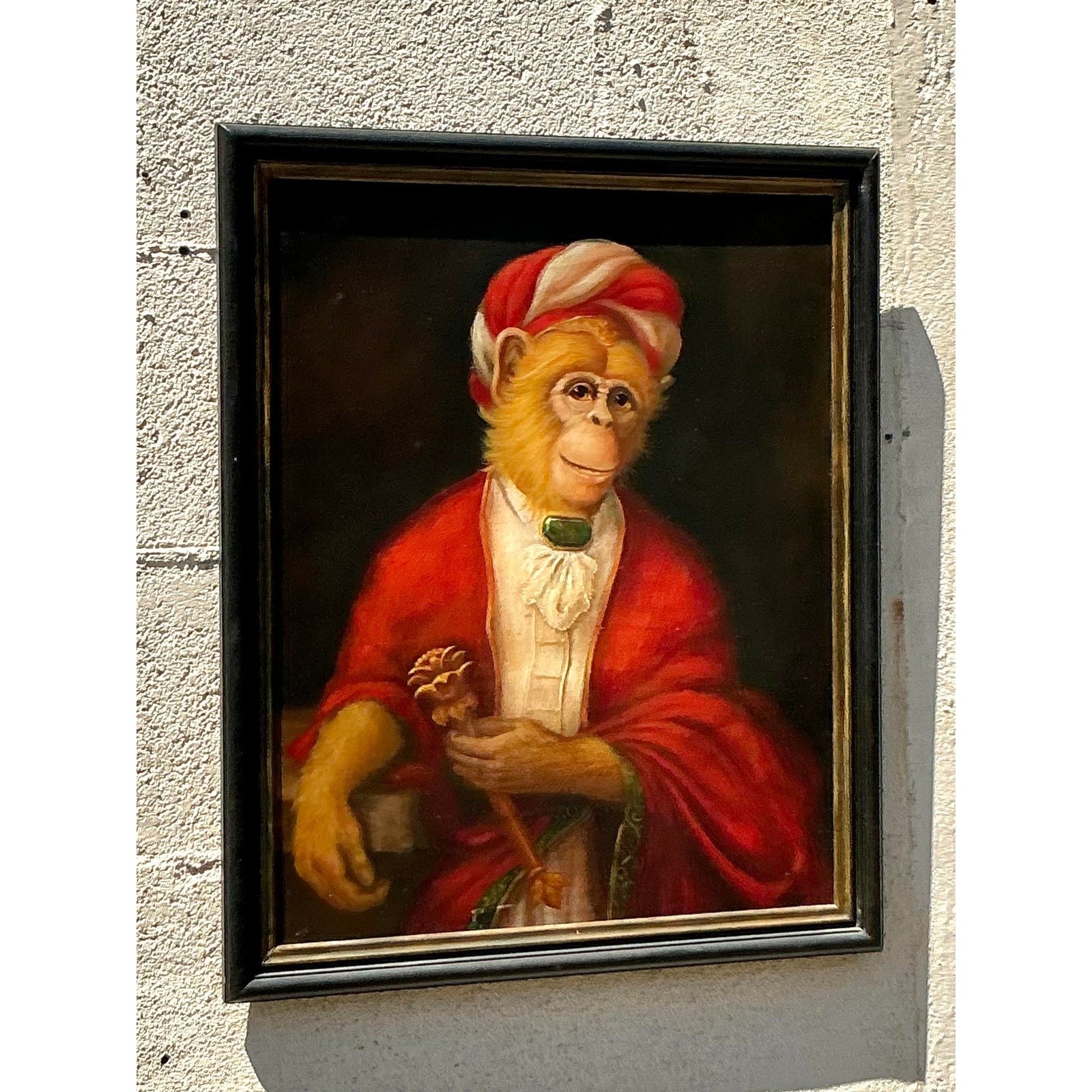 Vintage Boho Original Oil Painting of Monkey on Canvas - Detail view