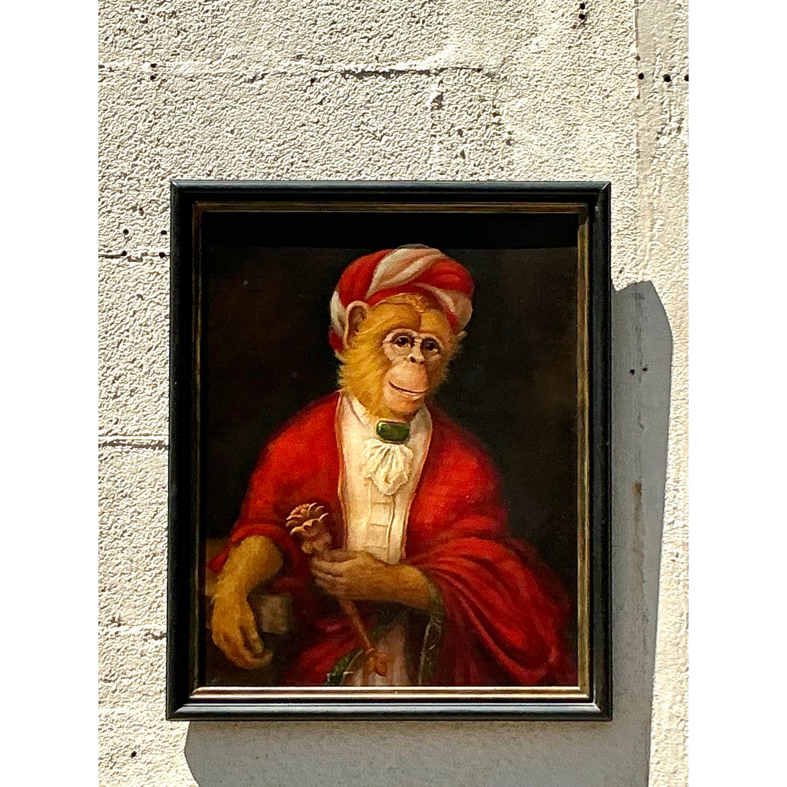 Vintage Boho Original Oil Painting of Monkey on Canvas - Side view