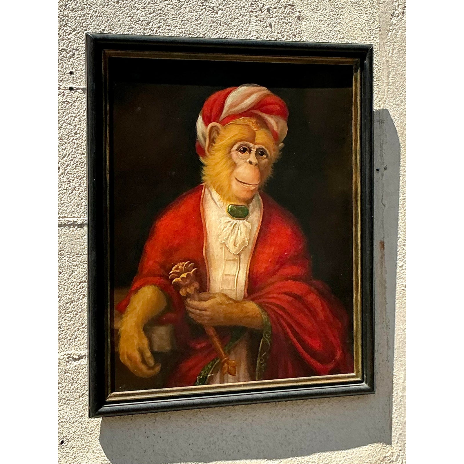 Vintage Boho Original Oil Painting of Monkey on Canvas - Top view