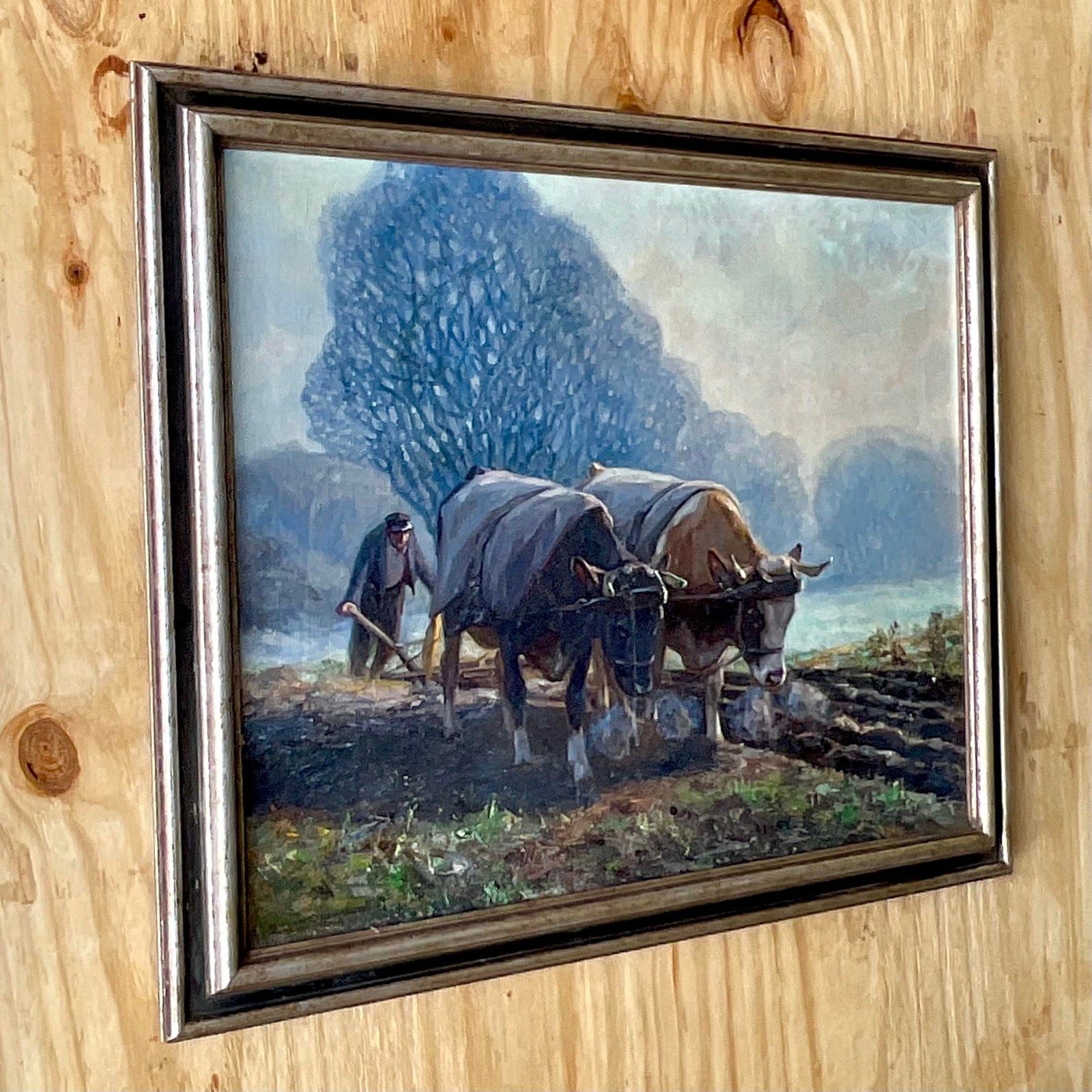 Vintage Boho Original Oil Pastoral Painting Signed Eugen Osswald - Side view