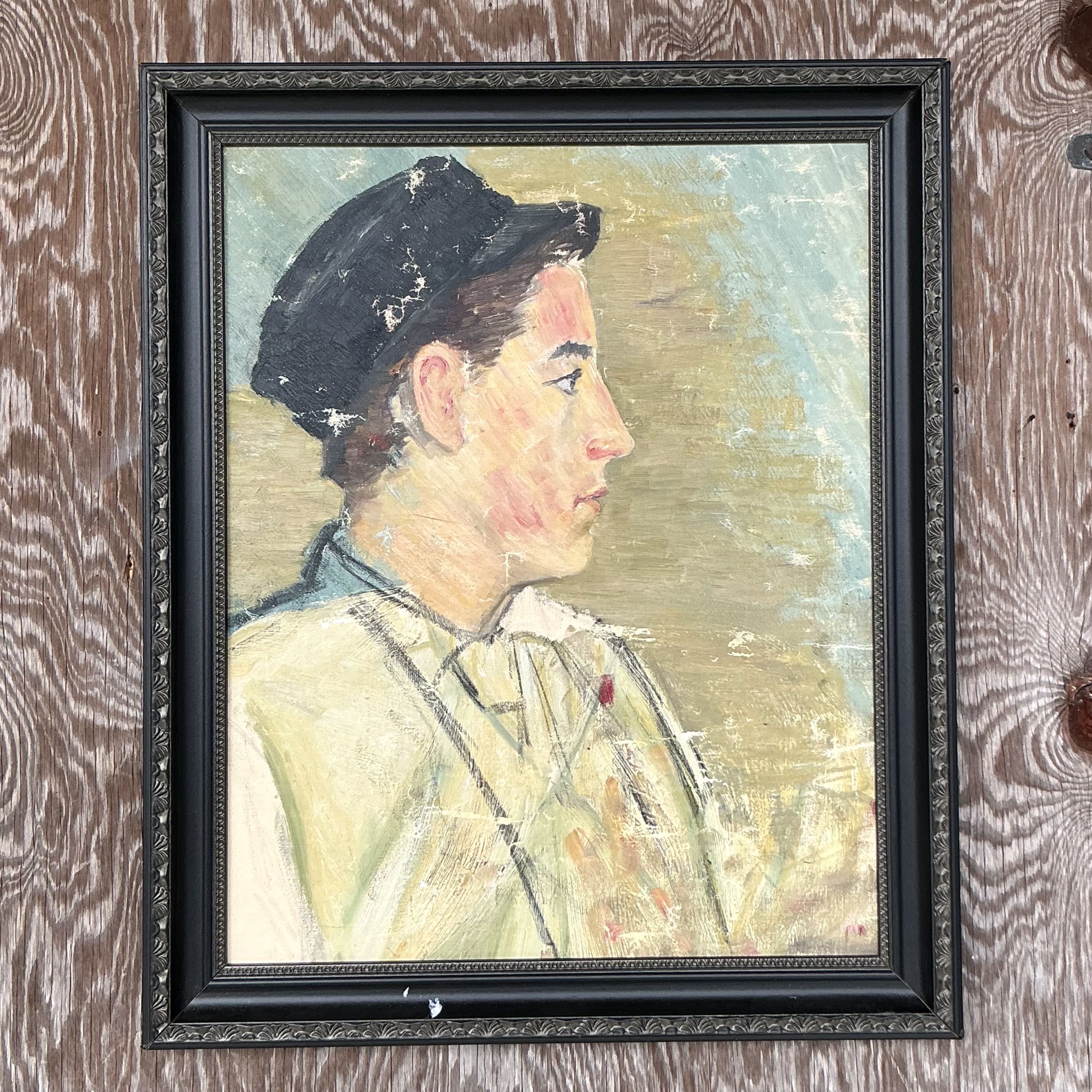 Vintage Boho Original Oil Portrait of Man - Side view