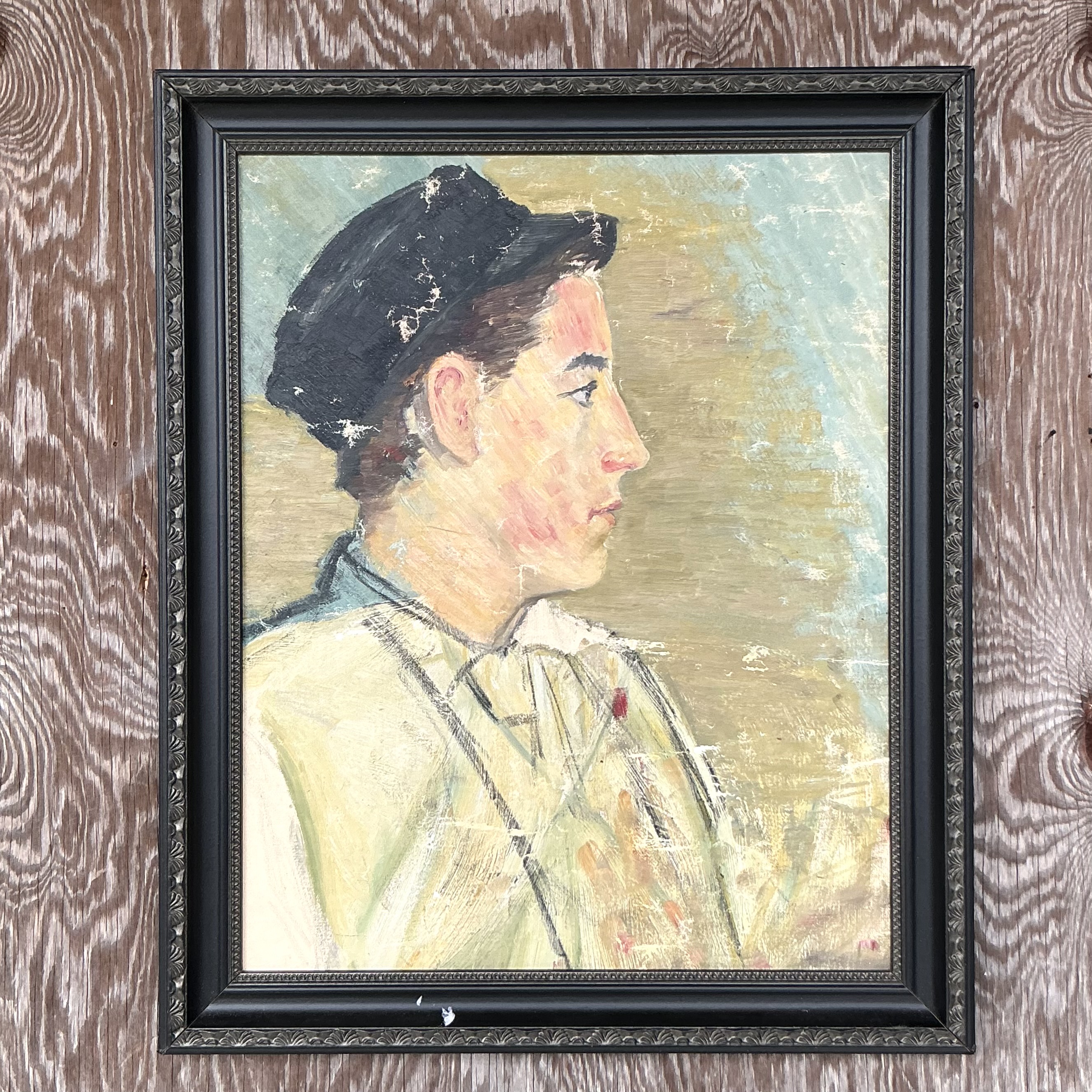 Vintage Boho Original Oil Portrait of Man - Top view